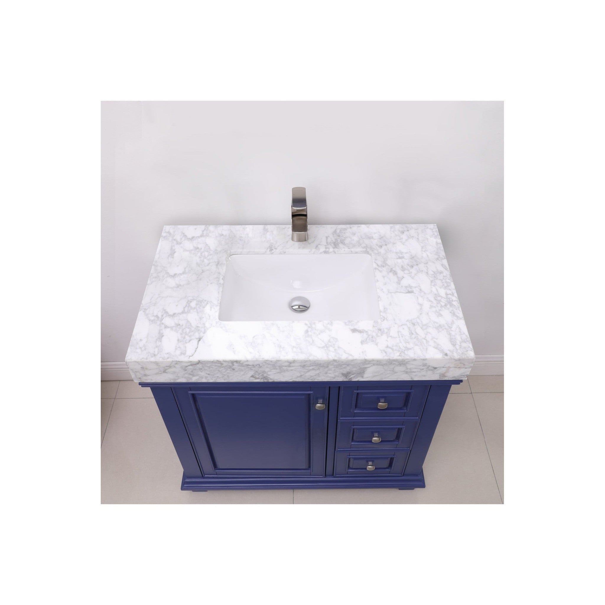 Jardin 36" Single Bathroom Vanity Set in Jewelry Blue and Carrara White Marble Countertop without Mirror