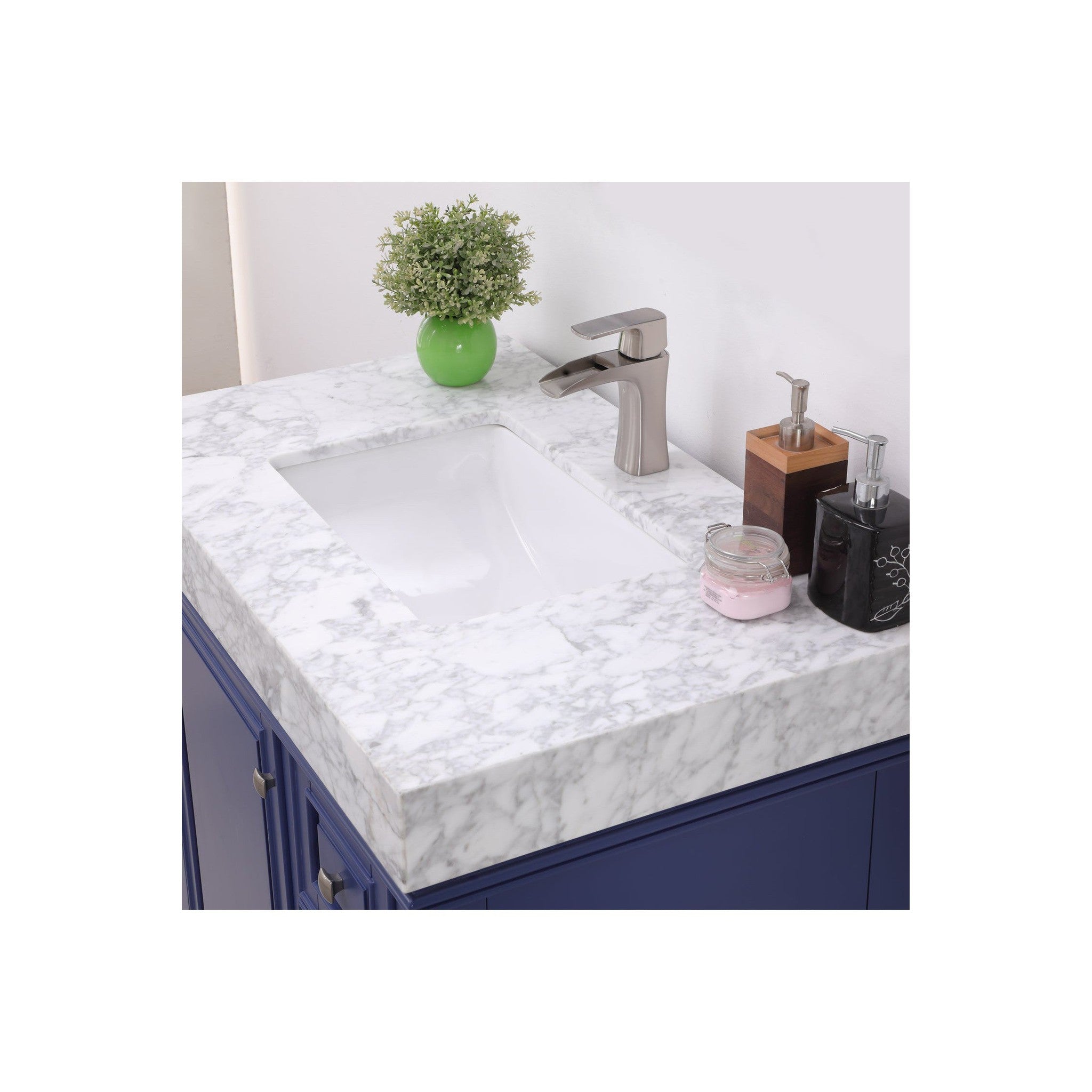 Jardin 36" Single Bathroom Vanity Set in Jewelry Blue and Carrara White Marble Countertop without Mirror