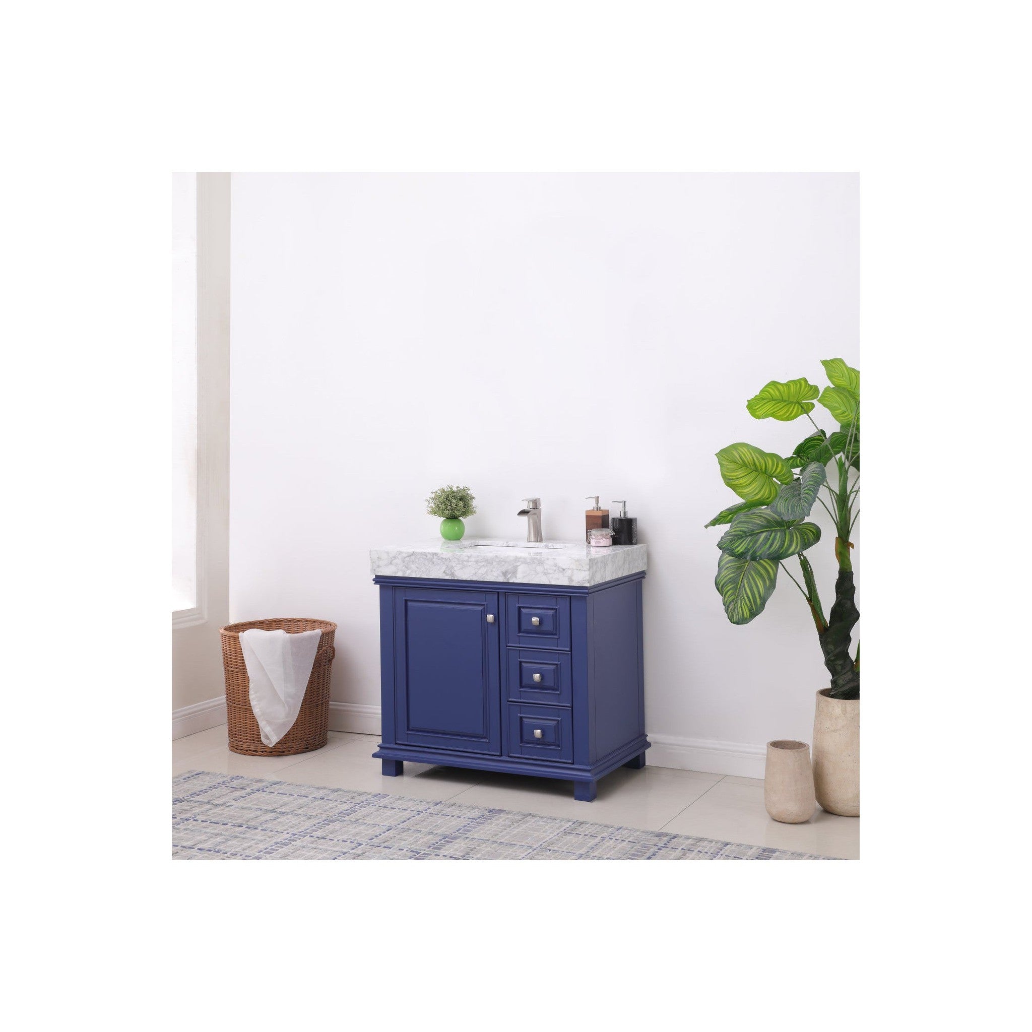 Jardin 36" Single Bathroom Vanity Set in Jewelry Blue and Carrara White Marble Countertop without Mirror