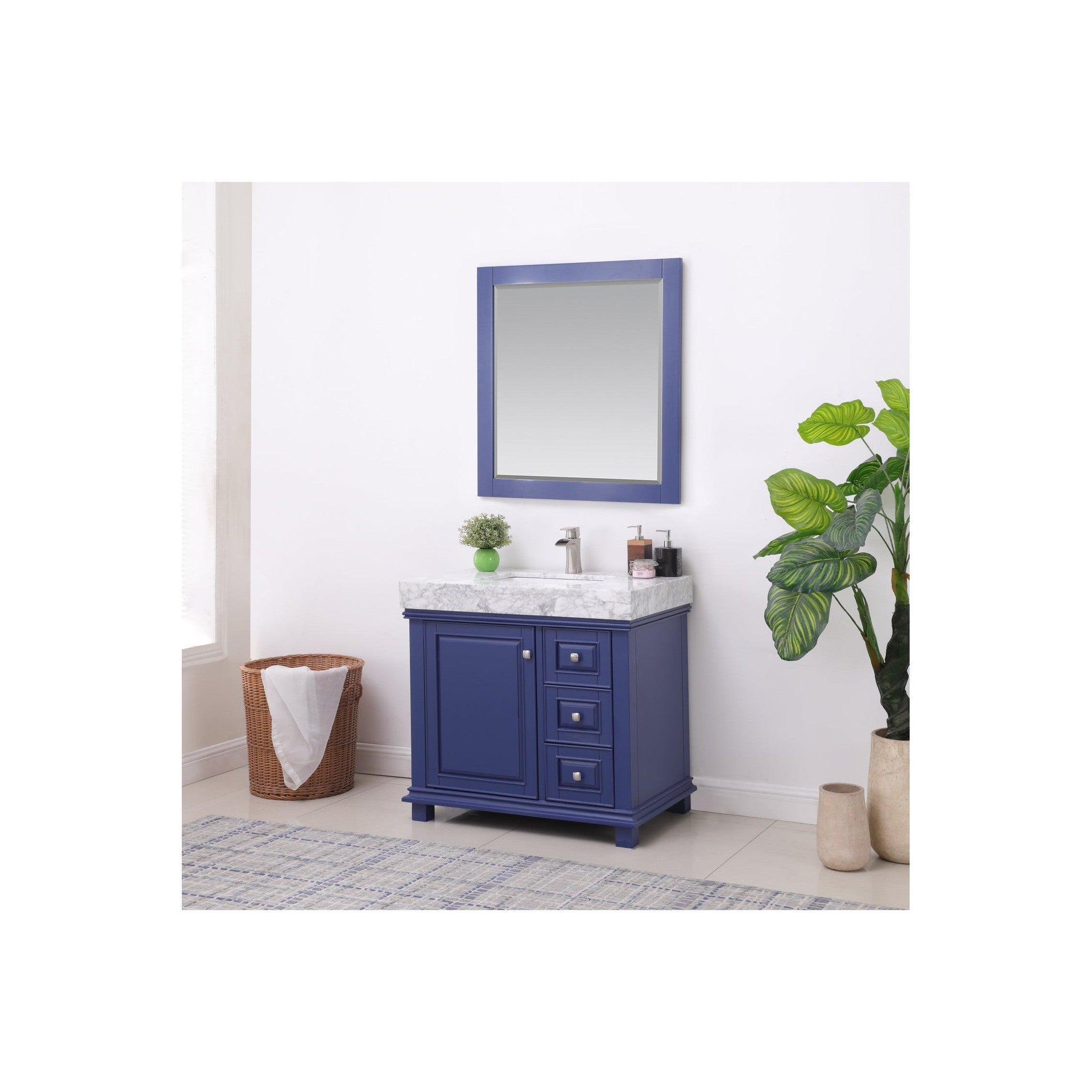 Jardin 36" Single Bathroom Vanity Set in Jewelry Blue and Carrara White Marble Countertop with Mirror