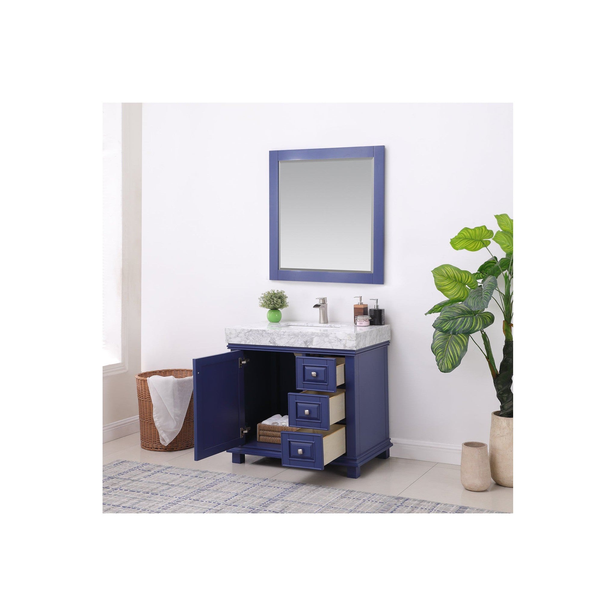 Jardin 36" Single Bathroom Vanity Set in Jewelry Blue and Carrara White Marble Countertop with Mirror