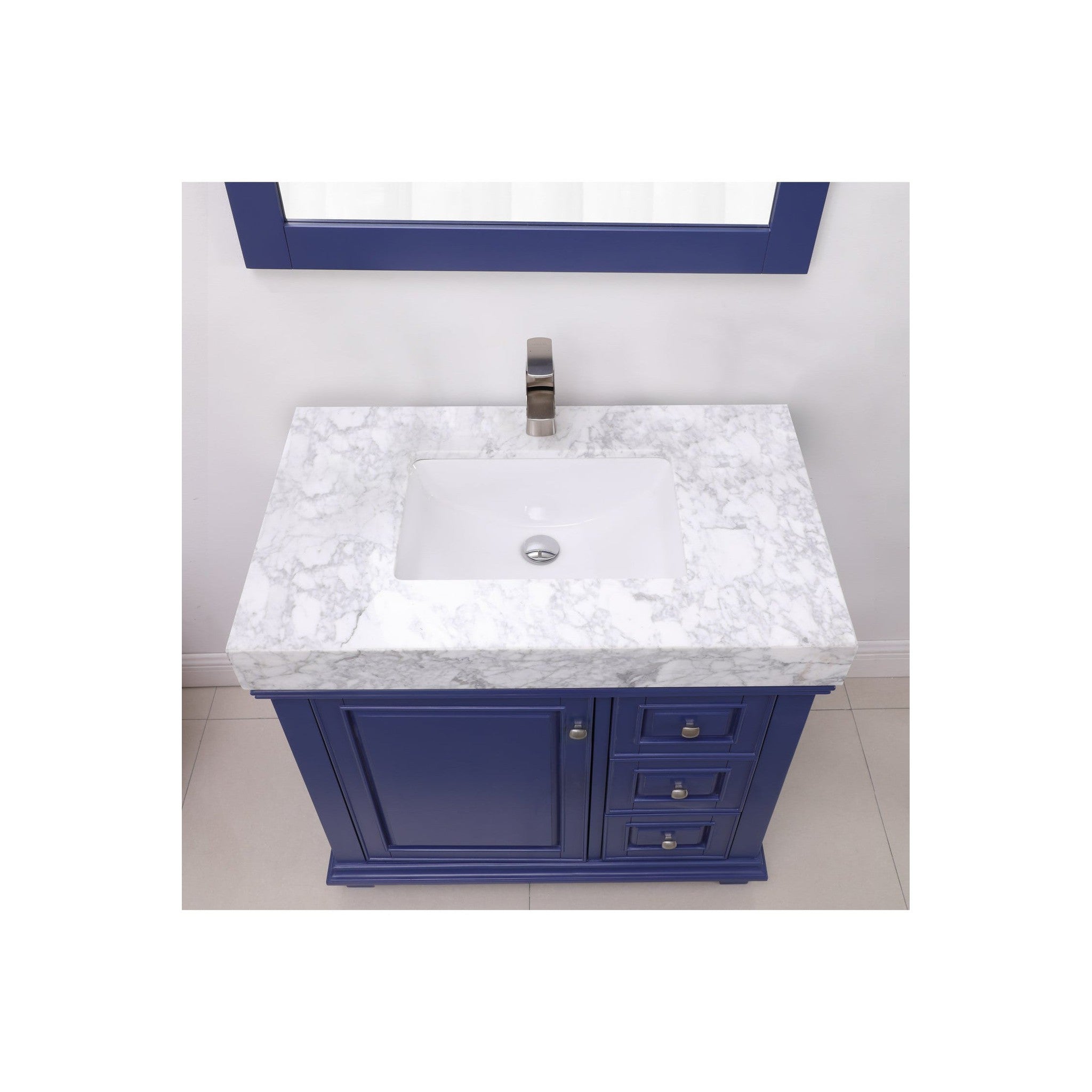 Jardin 36" Single Bathroom Vanity Set in Jewelry Blue and Carrara White Marble Countertop with Mirror