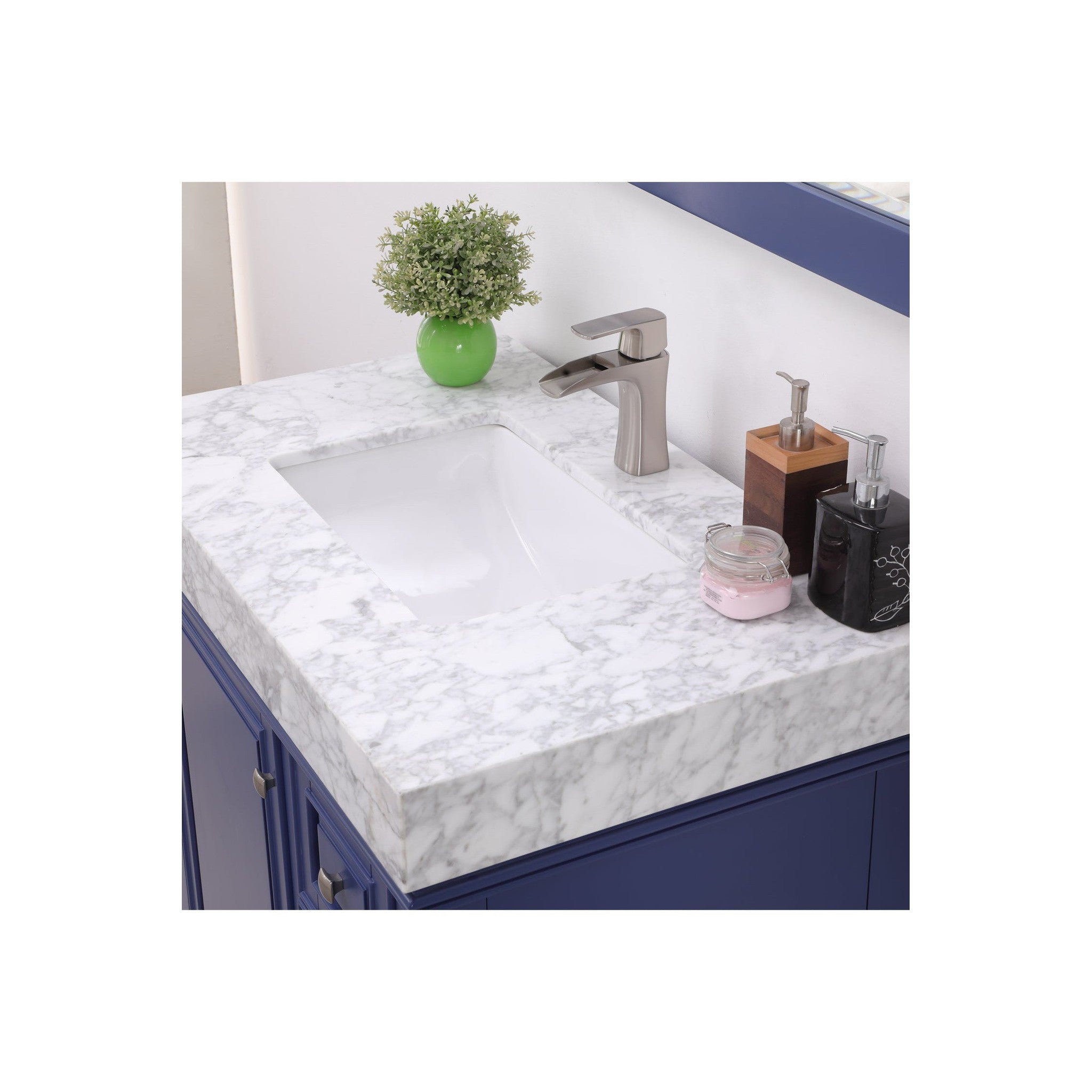 Jardin 36" Single Bathroom Vanity Set in Jewelry Blue and Carrara White Marble Countertop with Mirror