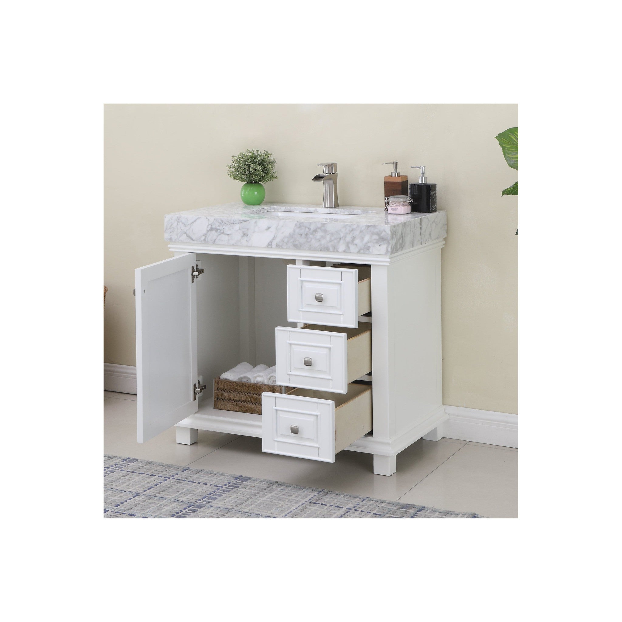 Jardin 36" Single Bathroom Vanity Set in White and Carrara White Marble Countertop without Mirror