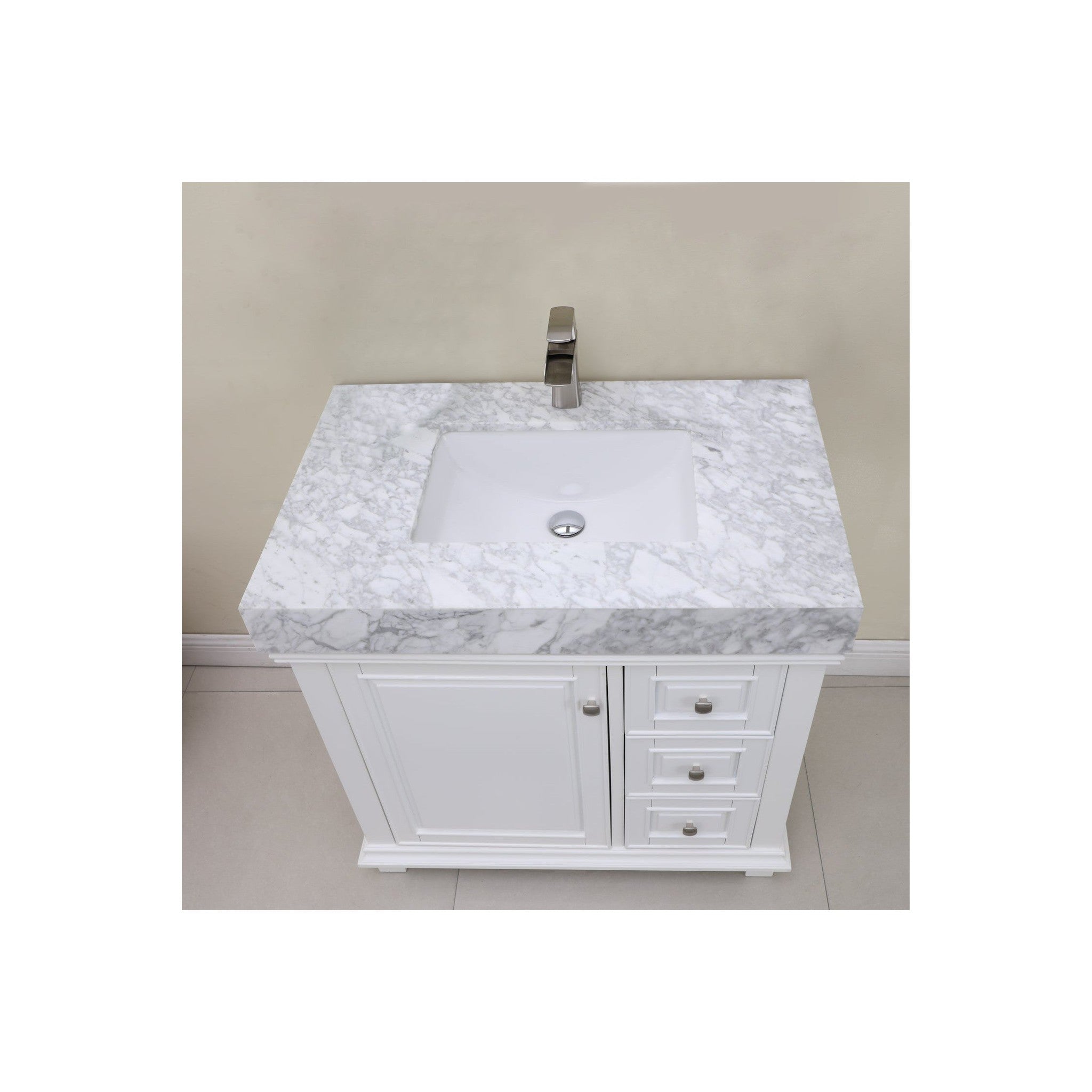 Jardin 36" Single Bathroom Vanity Set in White and Carrara White Marble Countertop without Mirror