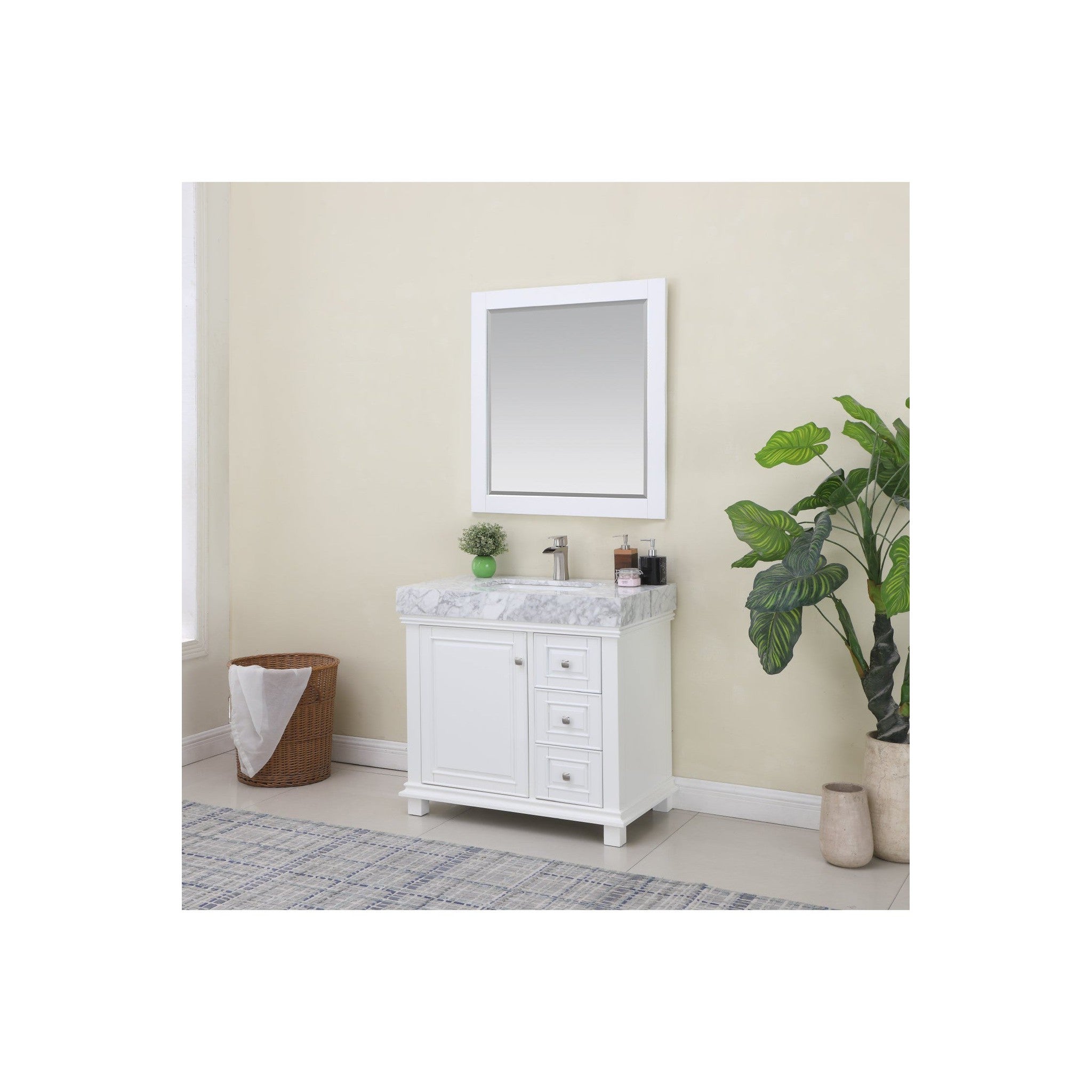 Jardin 36" Single Bathroom Vanity Set in White and Carrara White Marble Countertop with Mirror