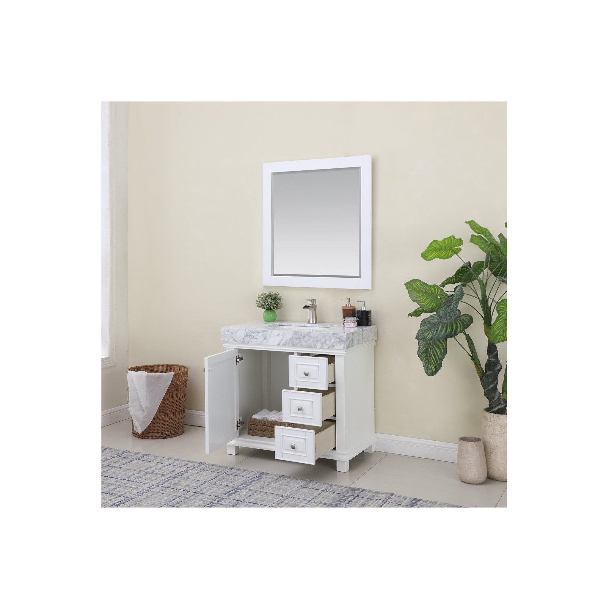 Jardin 36" Single Bathroom Vanity Set in White and Carrara White Marble Countertop with Mirror