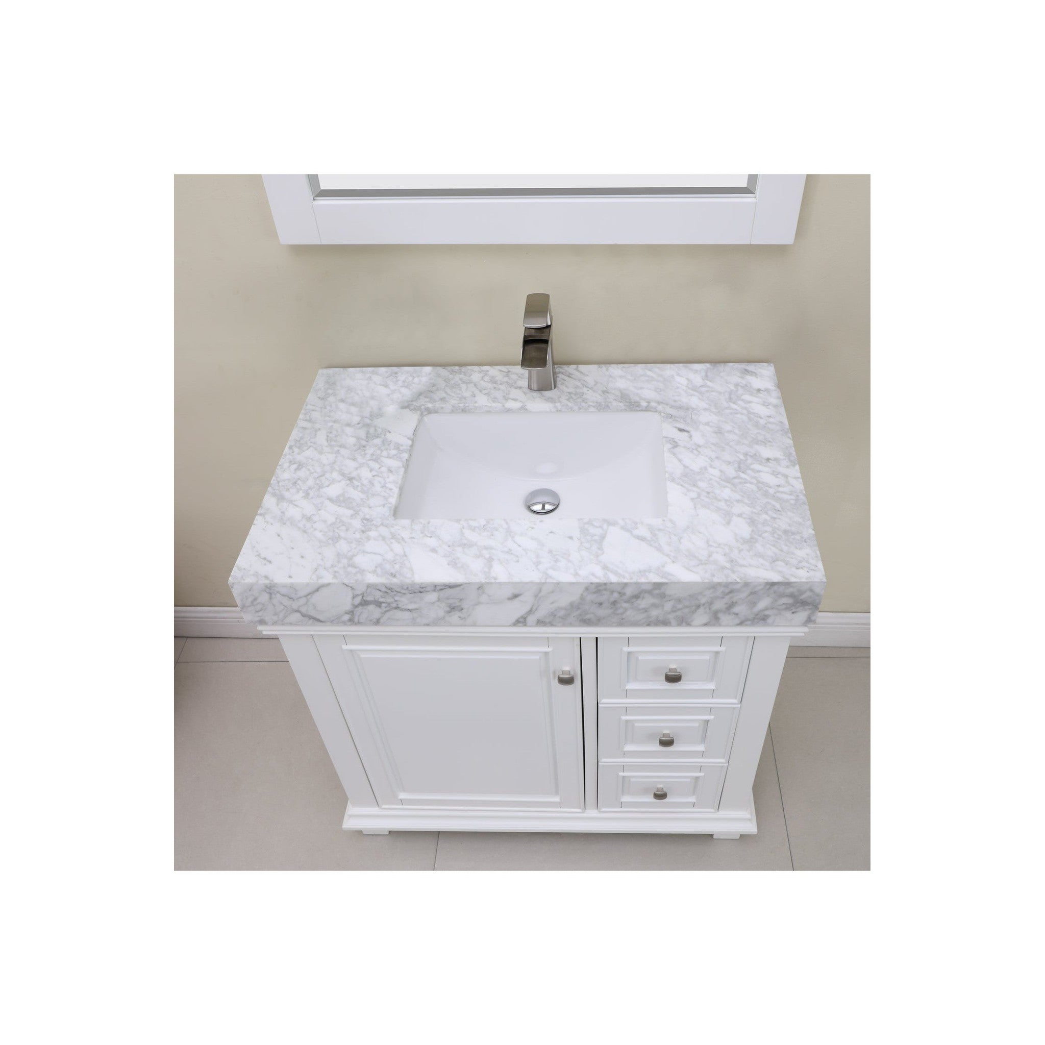 Jardin 36" Single Bathroom Vanity Set in White and Carrara White Marble Countertop with Mirror