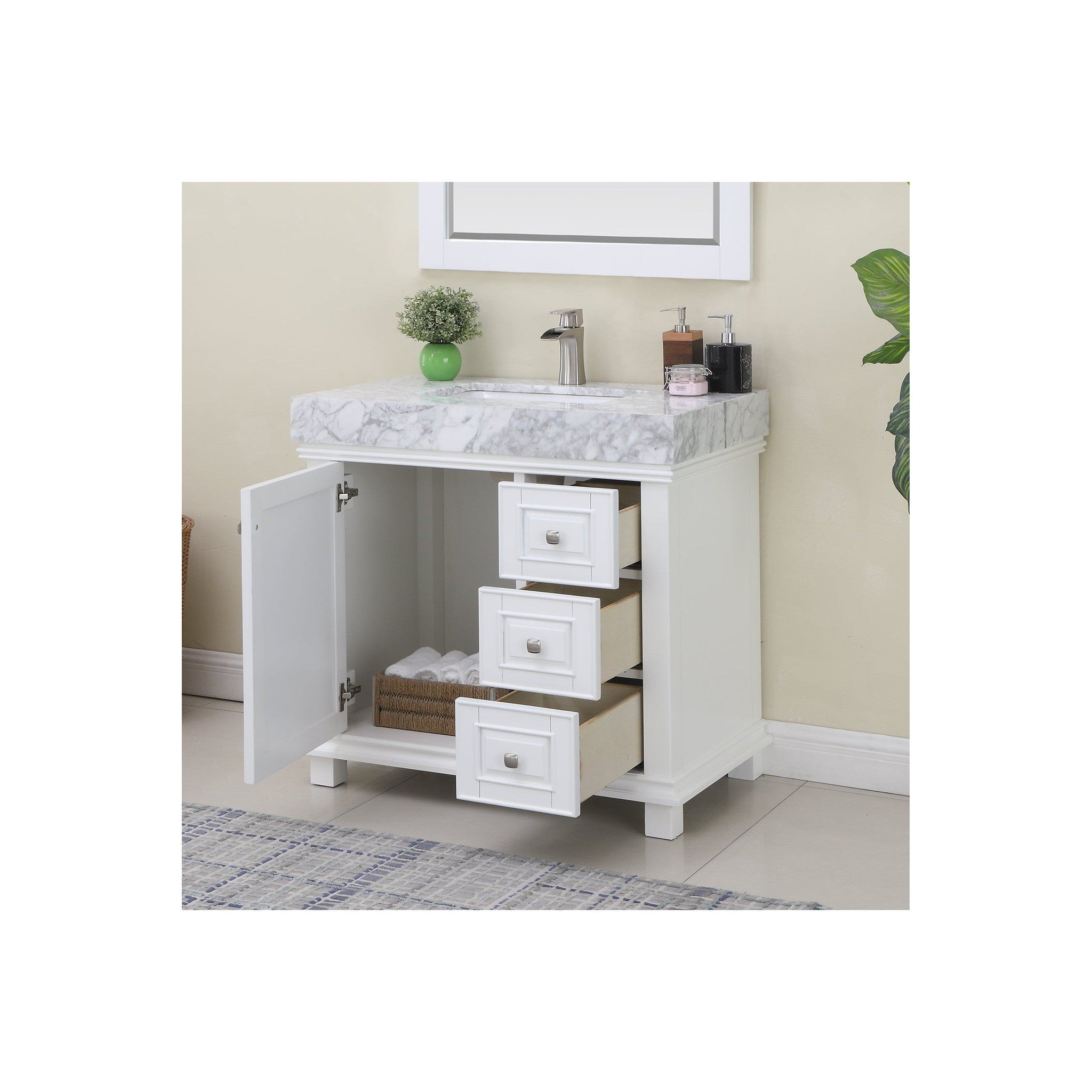 Jardin 36" Single Bathroom Vanity Set in White and Carrara White Marble Countertop with Mirror