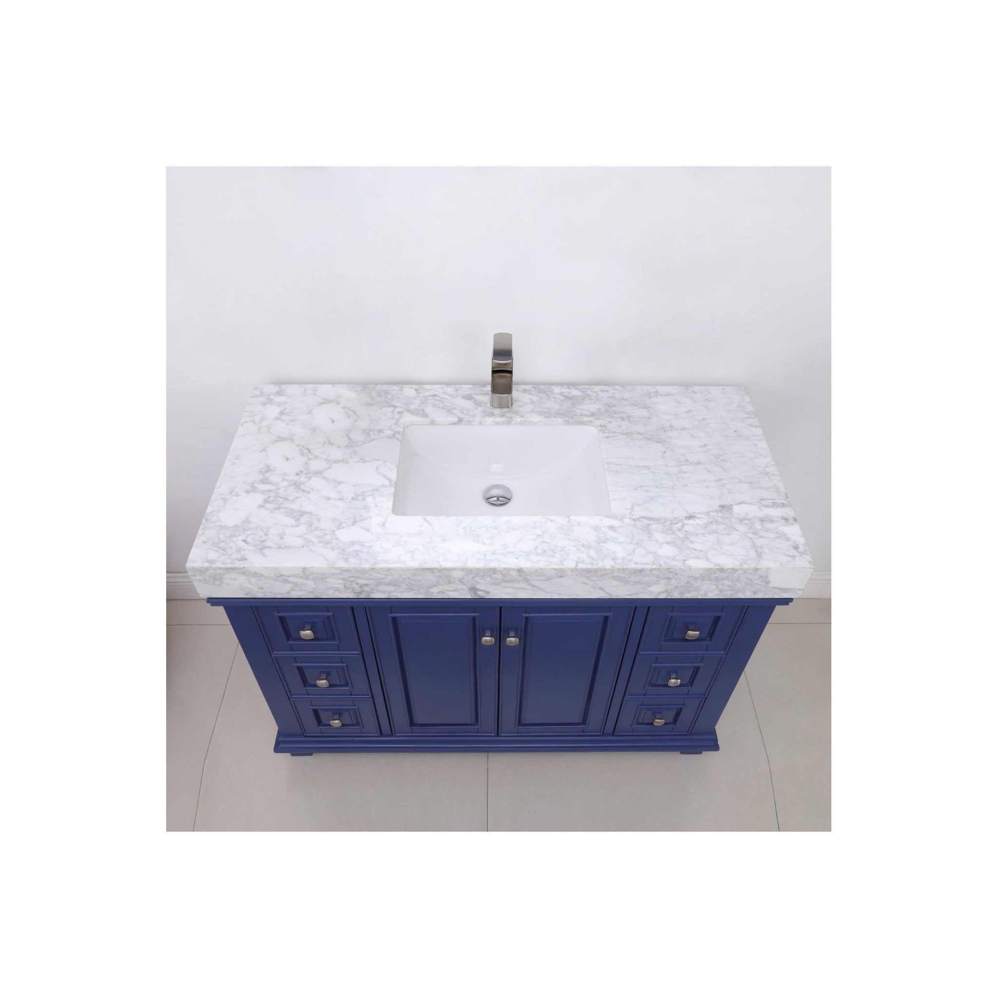 Jardin 48" Single Bathroom Vanity Set in Jewelry Blue and Carrara White Marble Countertop without Mirror