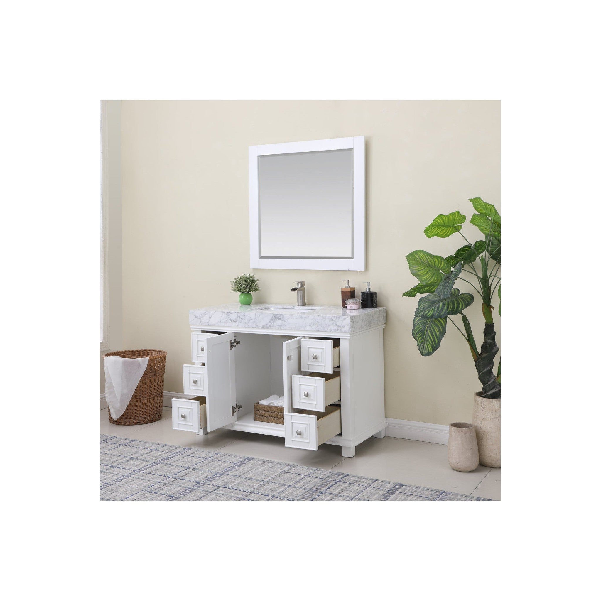 Jardin 48" Single Bathroom Vanity Set in White and Carrara White Marble Countertop with Mirror