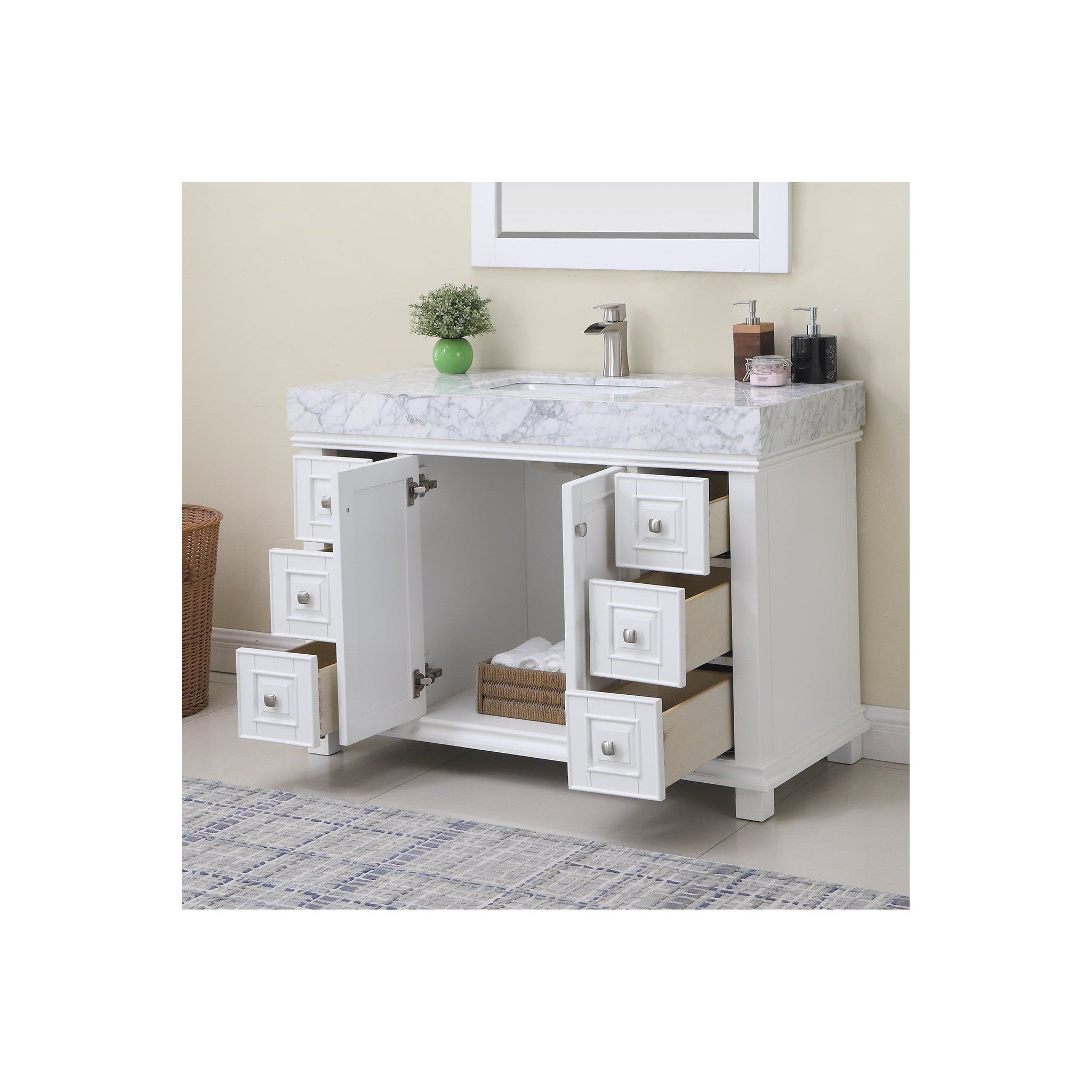 Jardin 48" Single Bathroom Vanity Set in White and Carrara White Marble Countertop with Mirror