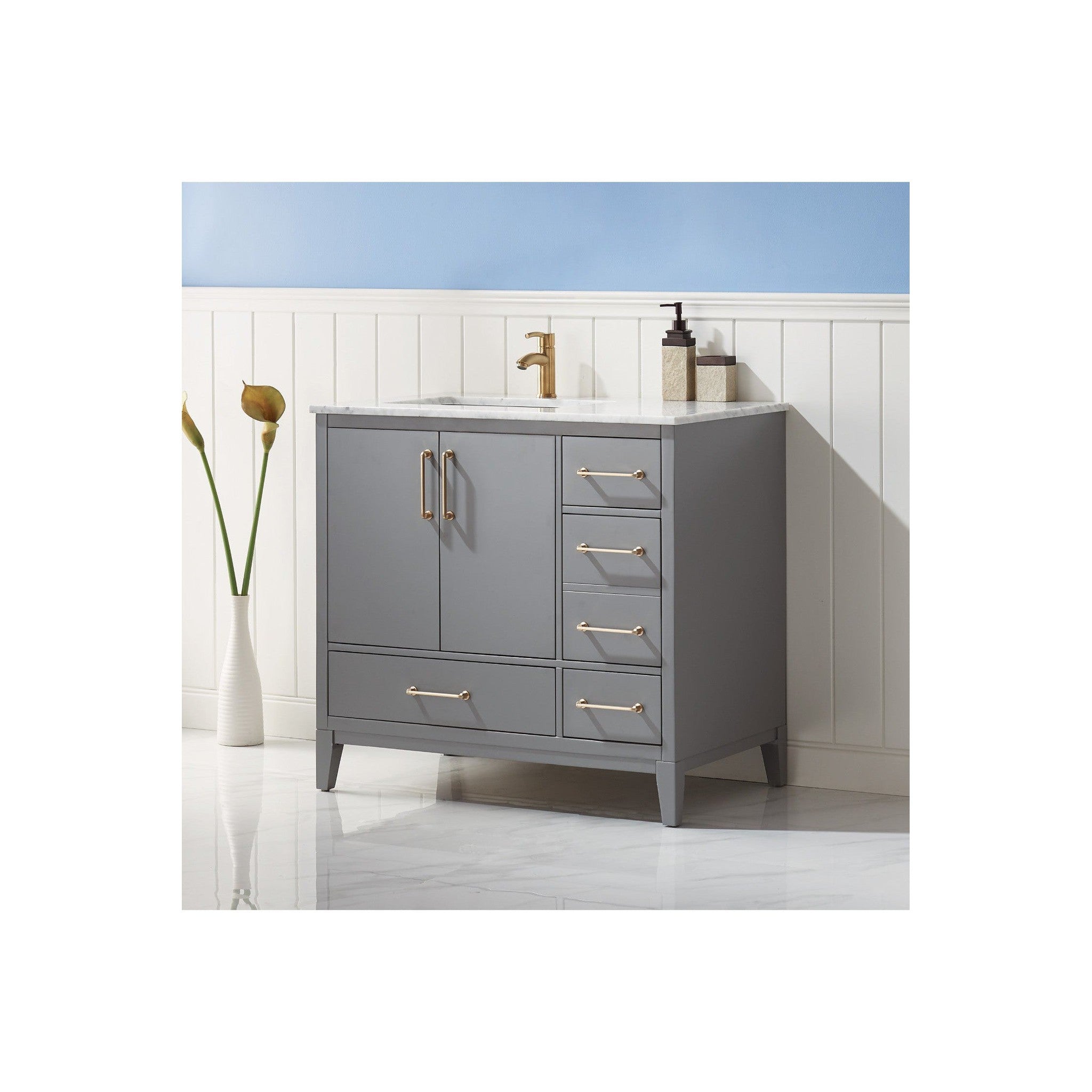 Sutton 36" Single Bathroom Vanity Set in Gray and Carrara White Marble Countertop without Mirror