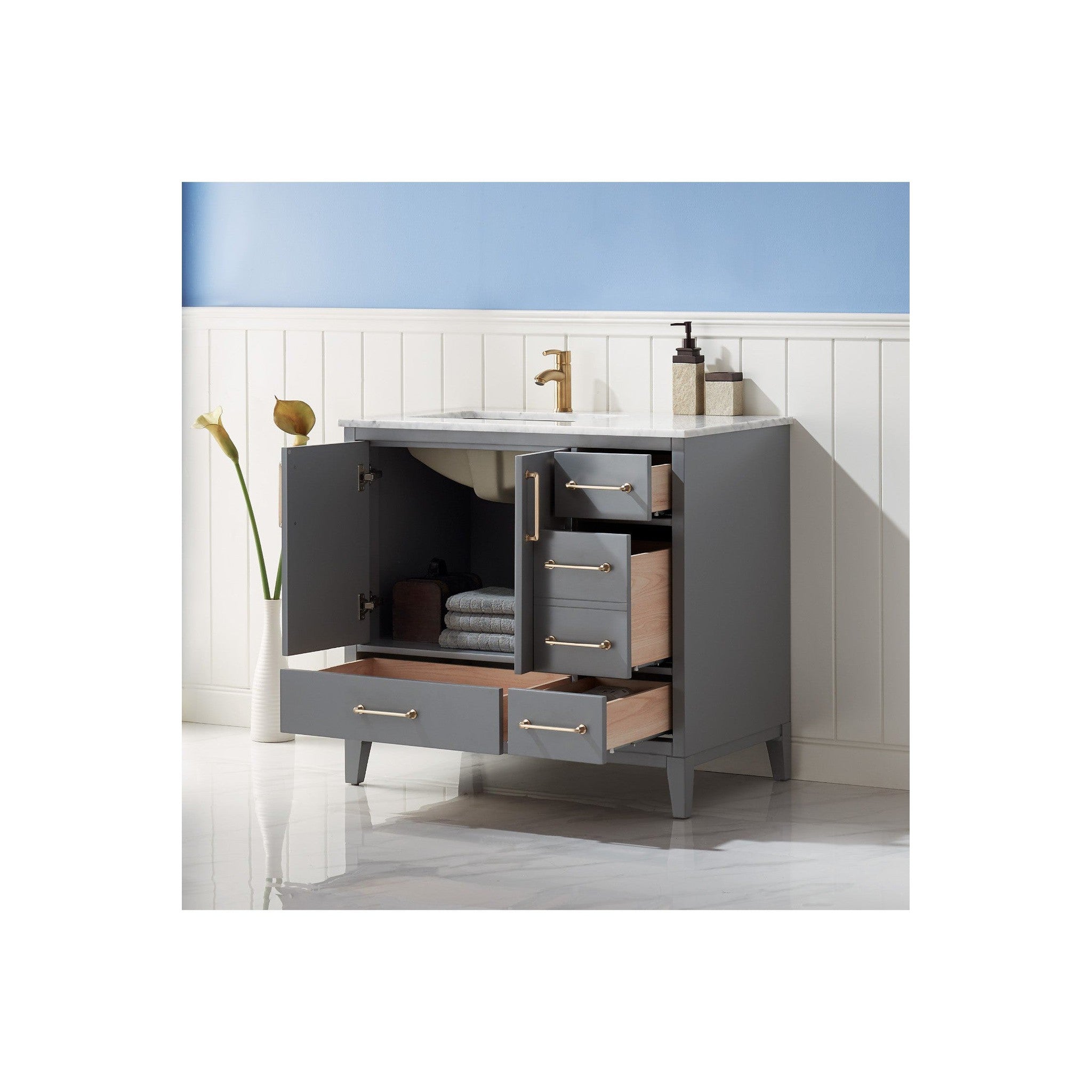 Sutton 36" Single Bathroom Vanity Set in Gray and Carrara White Marble Countertop without Mirror