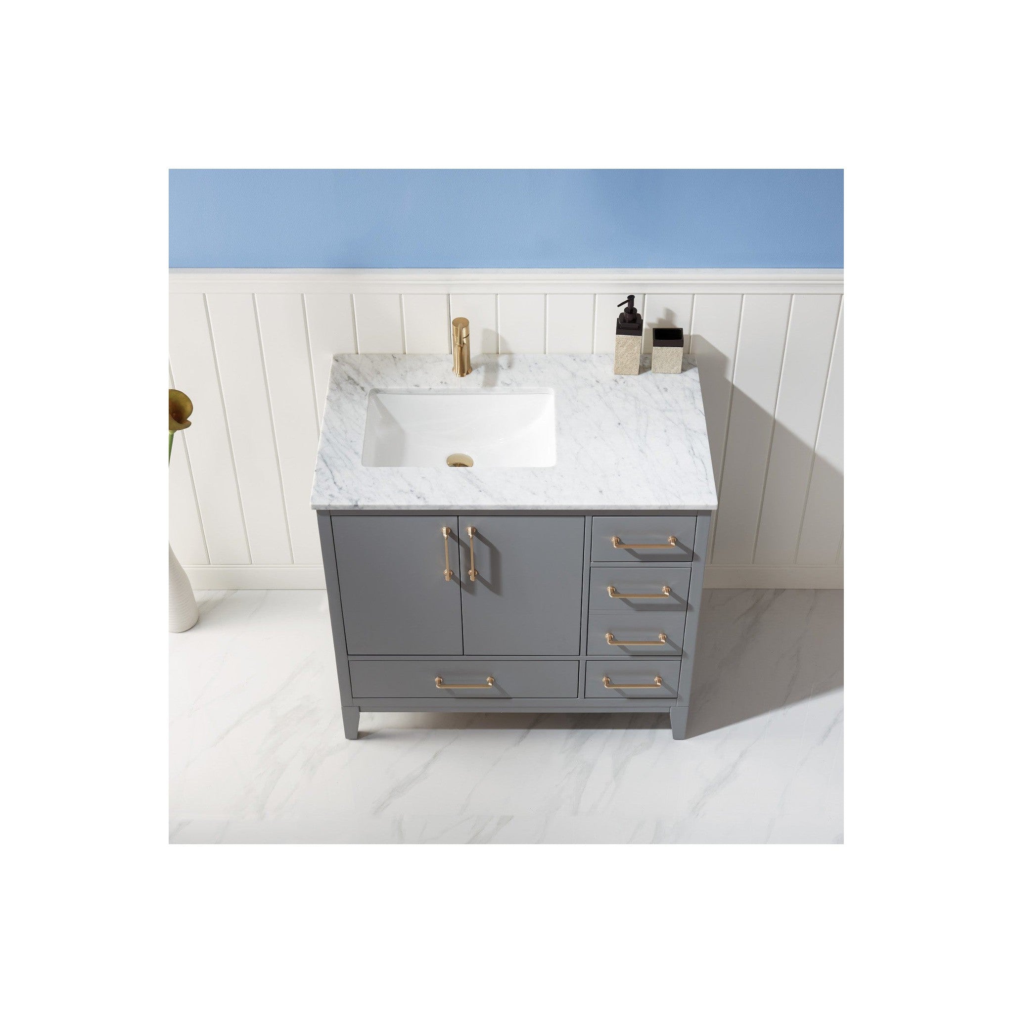 Sutton 36" Single Bathroom Vanity Set in Gray and Carrara White Marble Countertop without Mirror
