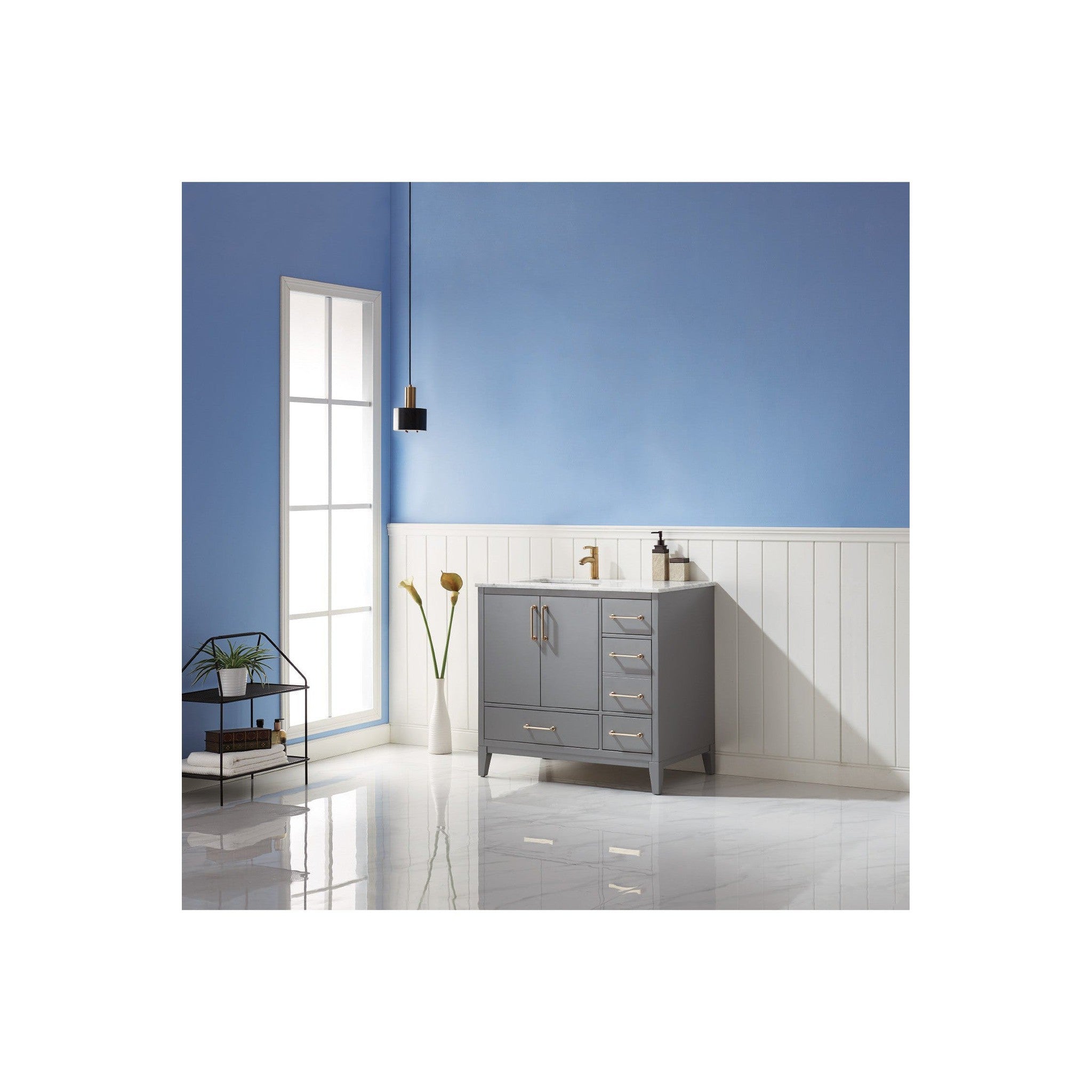 Sutton 36" Single Bathroom Vanity Set in Gray and Carrara White Marble Countertop without Mirror