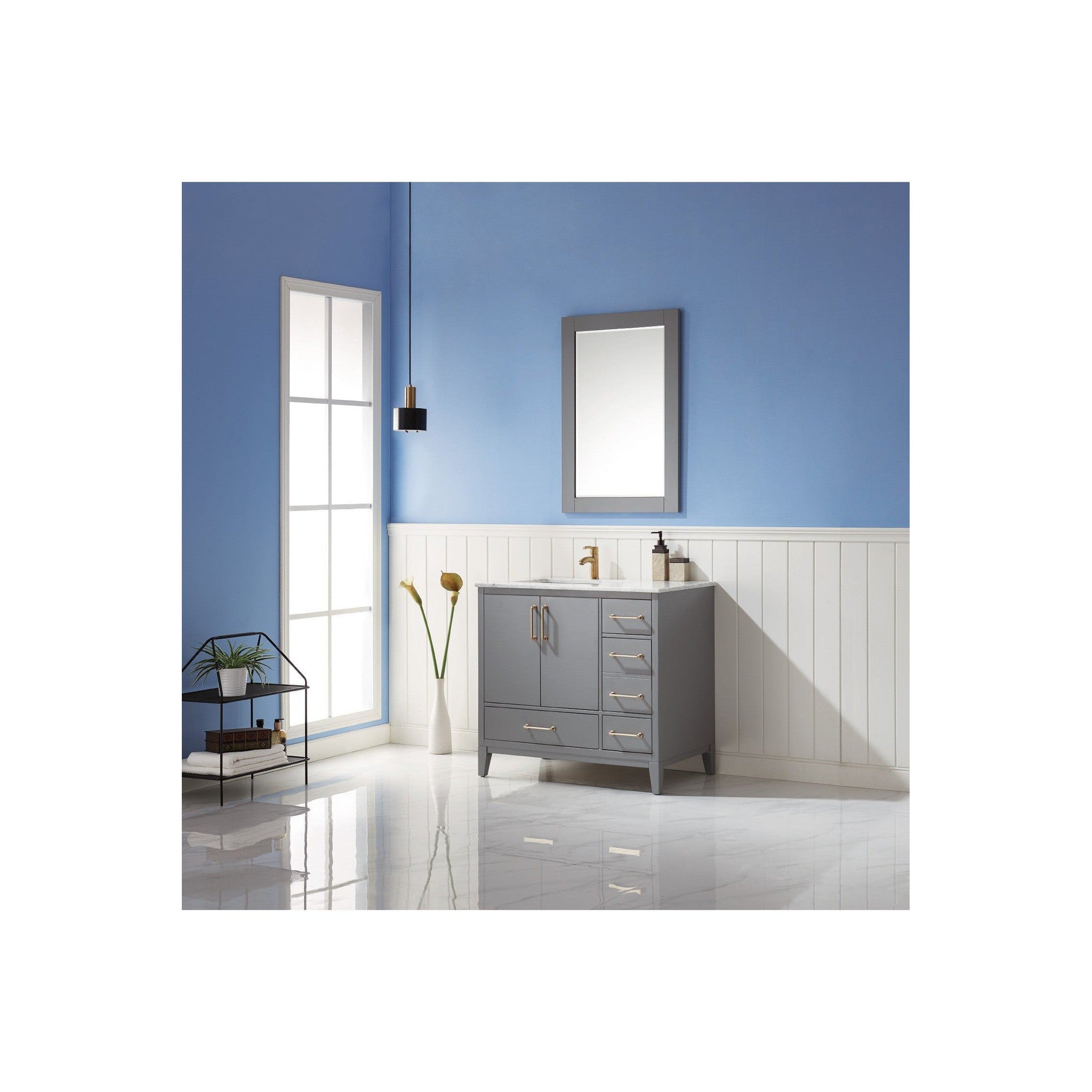 Sutton 36" Single Bathroom Vanity Set in Gray and Carrara White Marble Countertop with Mirror
