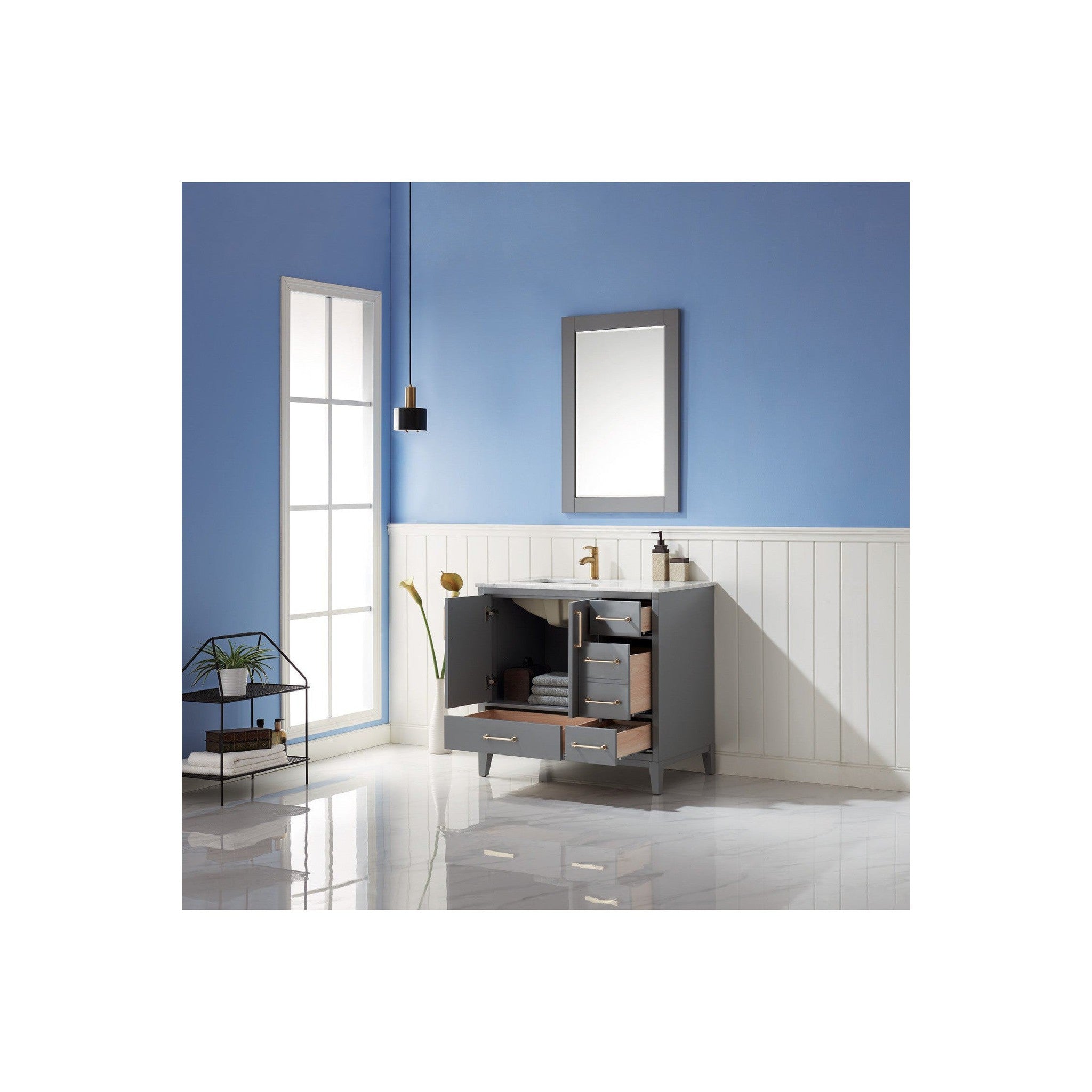 Sutton 36" Single Bathroom Vanity Set in Gray and Carrara White Marble Countertop with Mirror