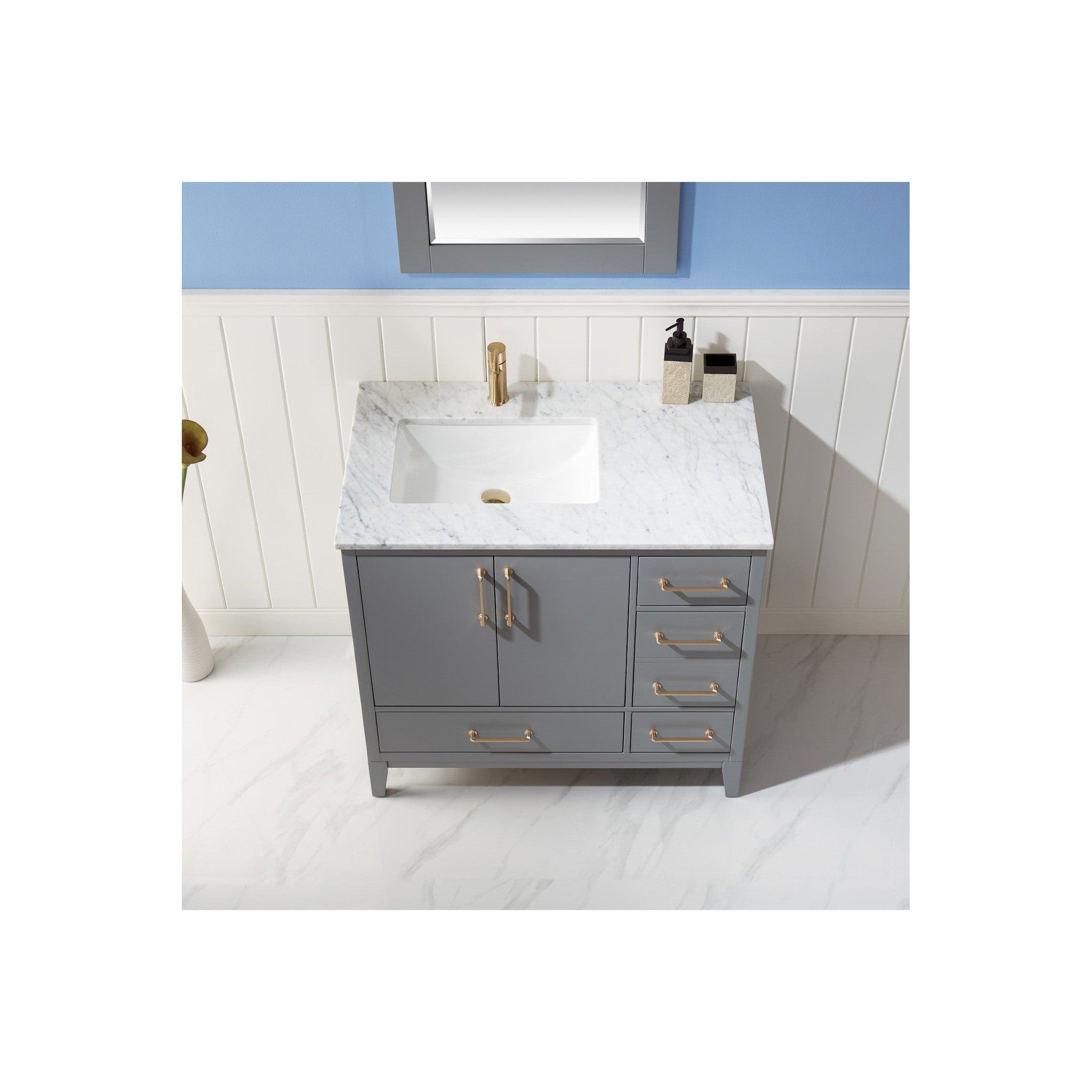 Sutton 36" Single Bathroom Vanity Set in Gray and Carrara White Marble Countertop with Mirror