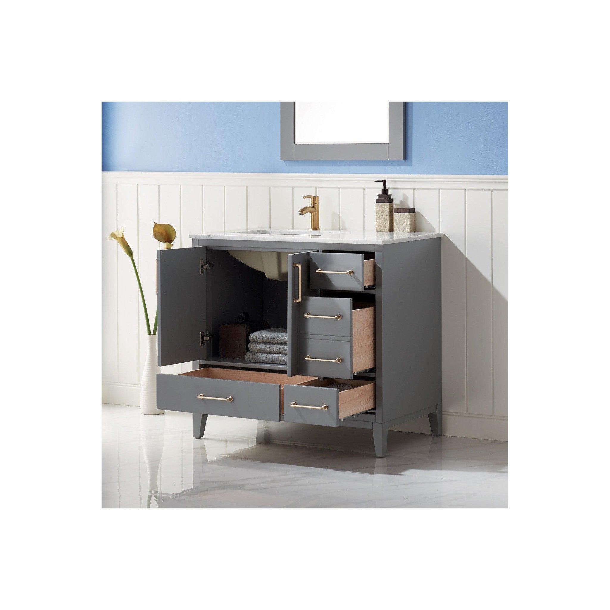 Sutton 36" Single Bathroom Vanity Set in Gray and Carrara White Marble Countertop with Mirror