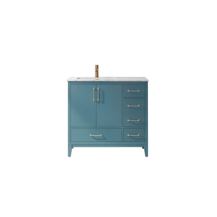 Sutton 36" Single Bathroom Vanity Set in Royal Green and Carrara White Marble Countertop without Mirror