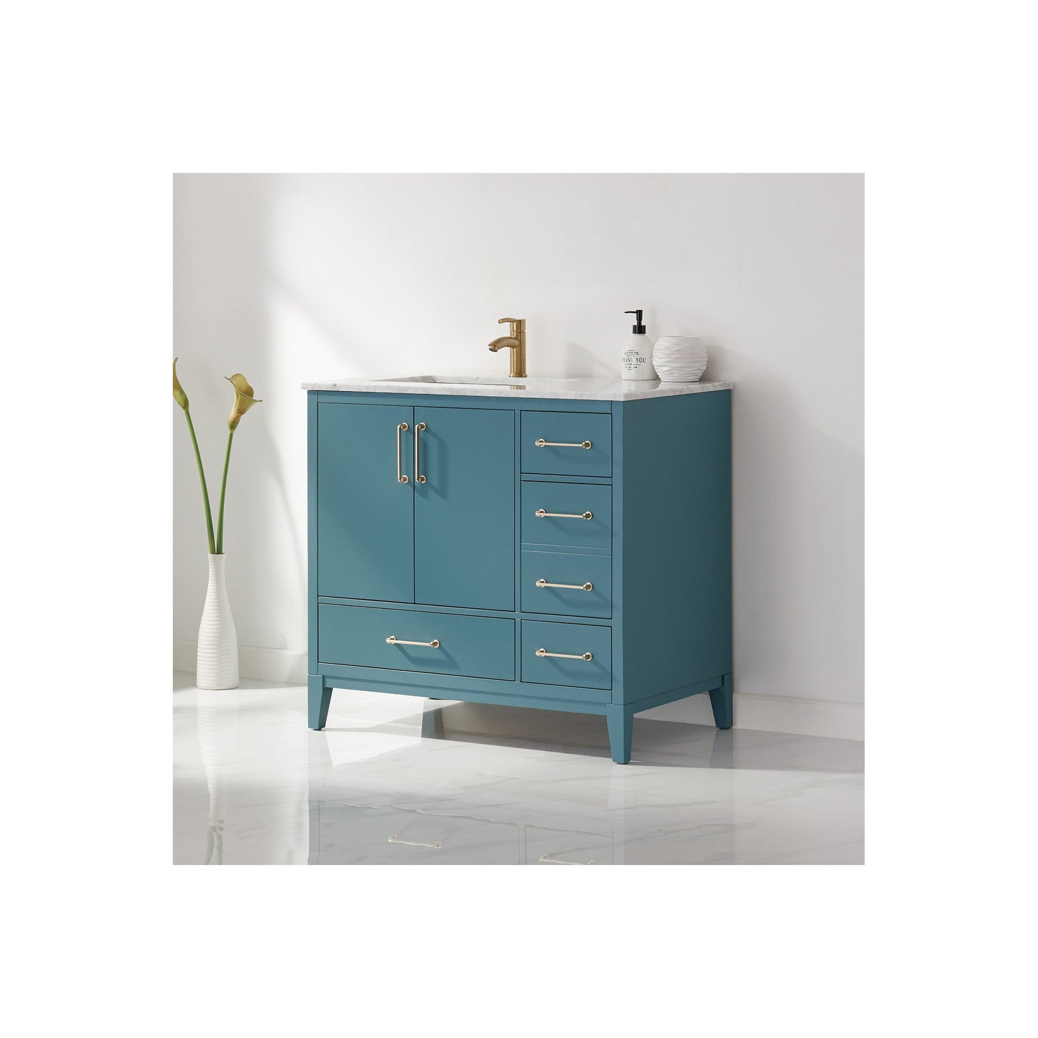 Sutton 36" Single Bathroom Vanity Set in Royal Green and Carrara White Marble Countertop without Mirror