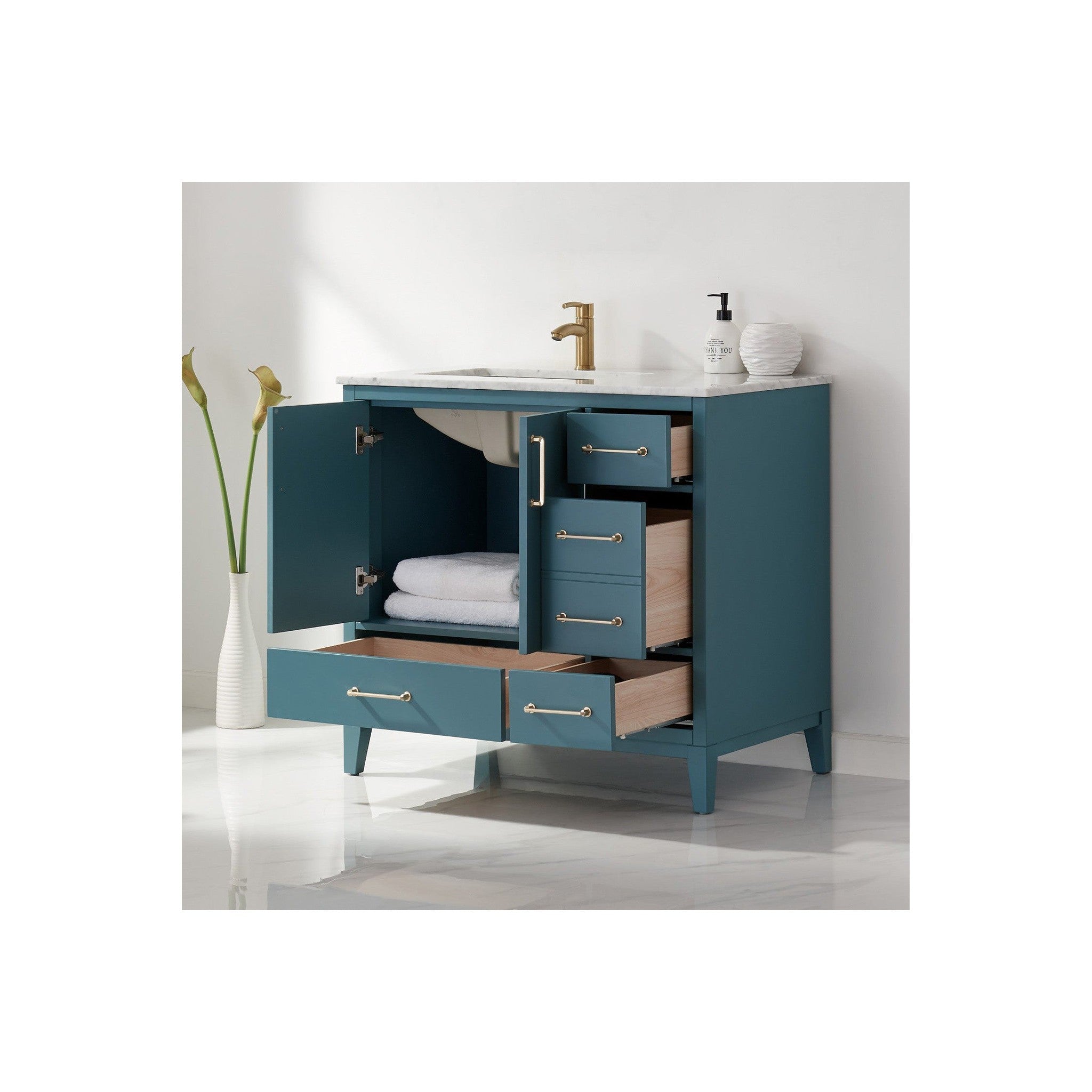 Sutton 36" Single Bathroom Vanity Set in Royal Green and Carrara White Marble Countertop without Mirror