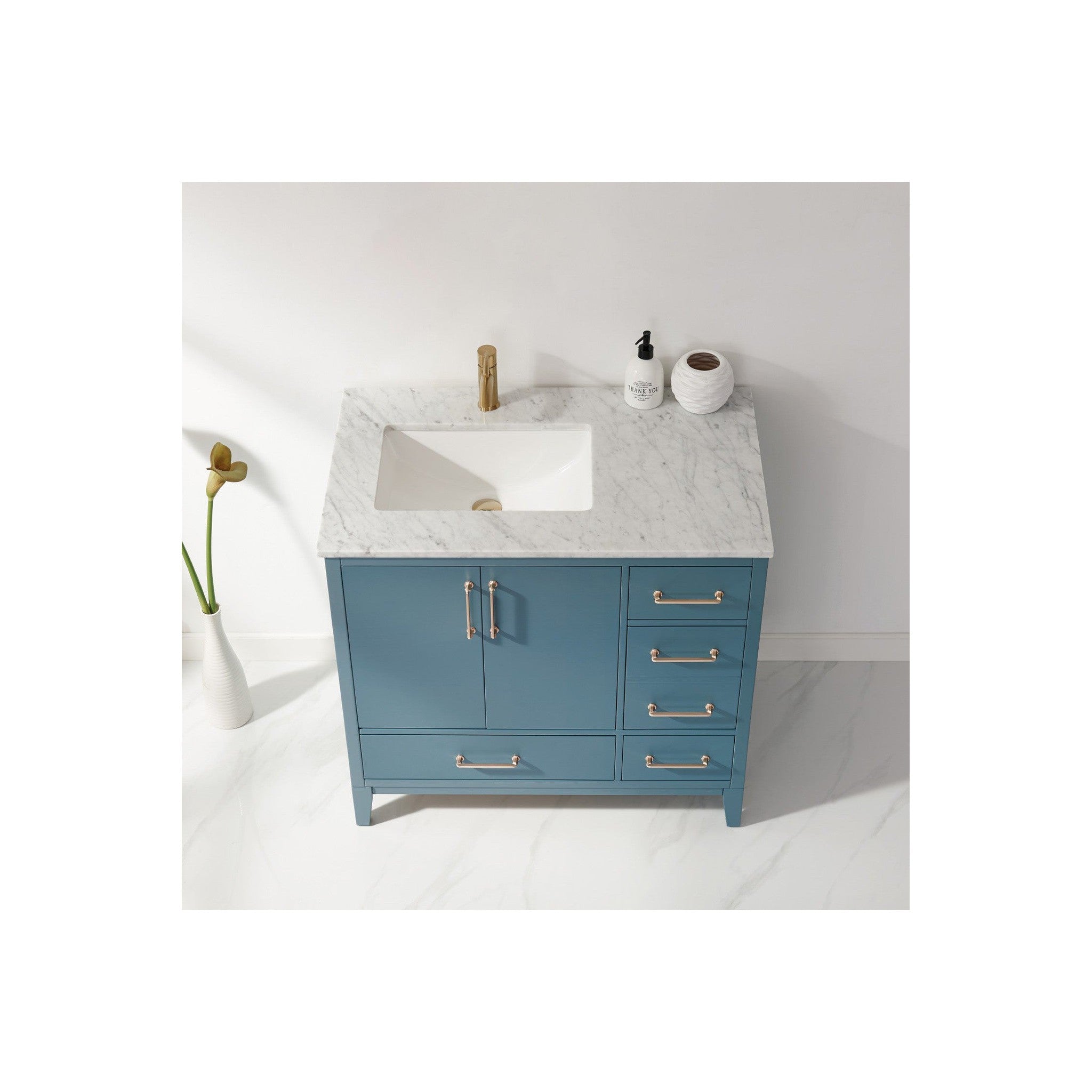 Sutton 36" Single Bathroom Vanity Set in Royal Green and Carrara White Marble Countertop without Mirror