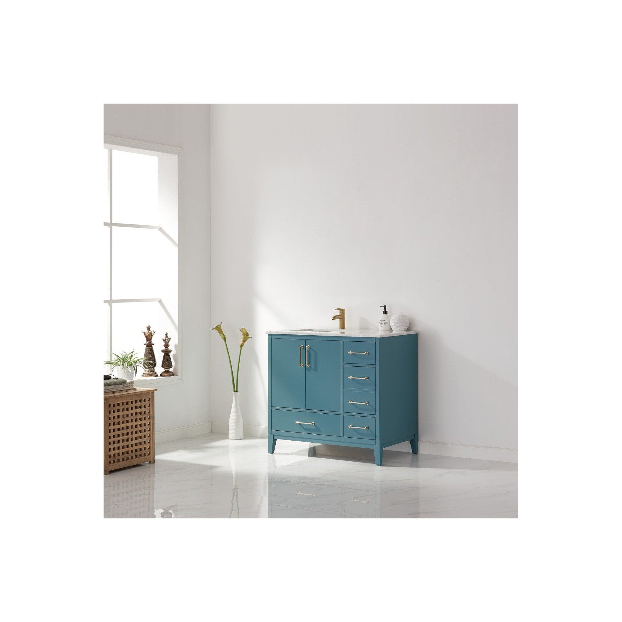 Sutton 36" Single Bathroom Vanity Set in Royal Green and Carrara White Marble Countertop without Mirror