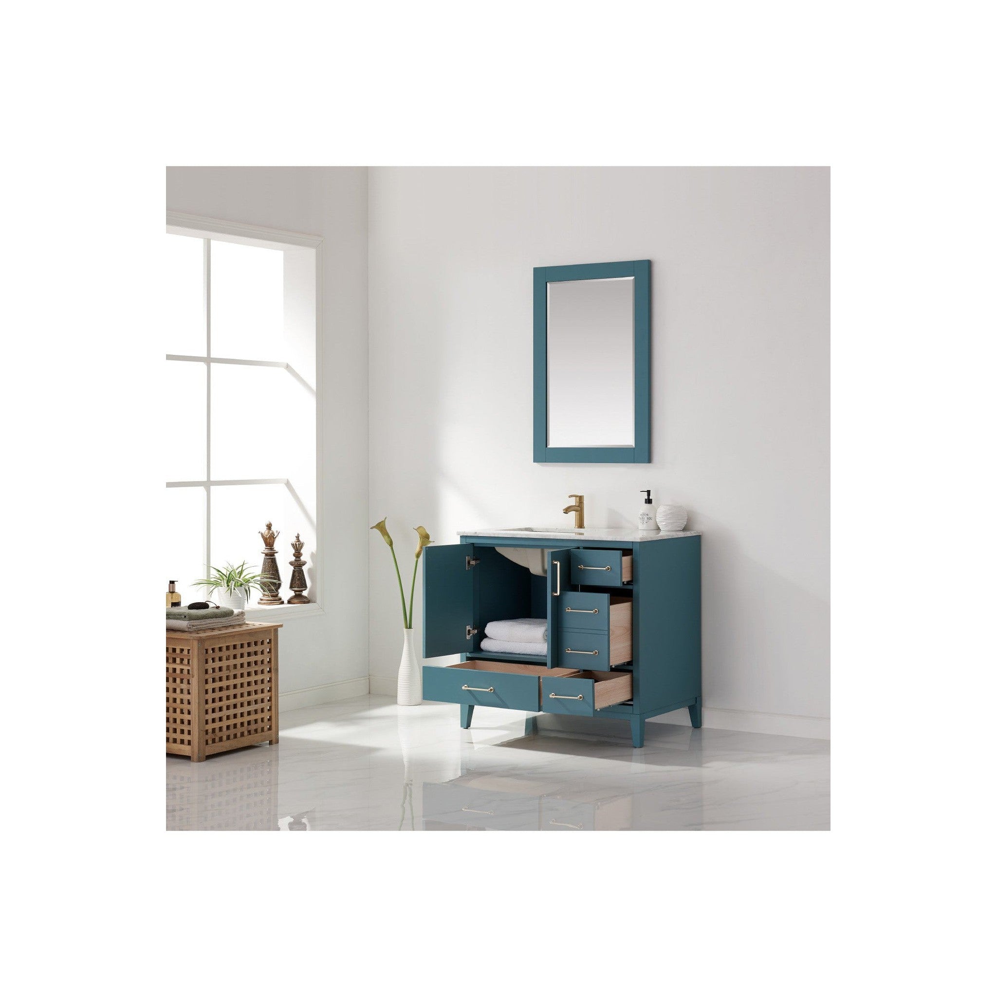 Sutton 36" Single Bathroom Vanity Set in Royal Green and Carrara White Marble Countertop with Mirror