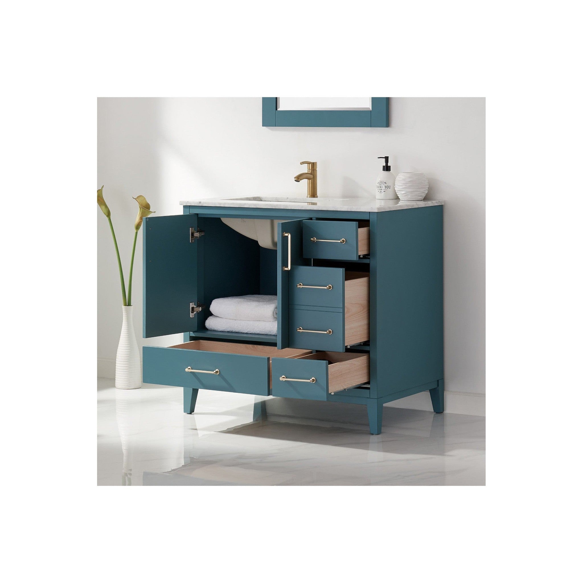 Sutton 36" Single Bathroom Vanity Set in Royal Green and Carrara White Marble Countertop with Mirror