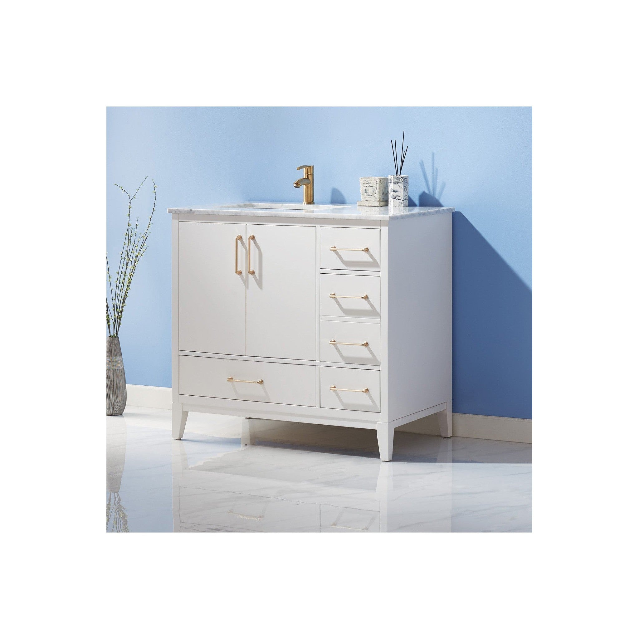 Sutton 36" Single Bathroom Vanity Set in White and Carrara White Marble Countertop without Mirror