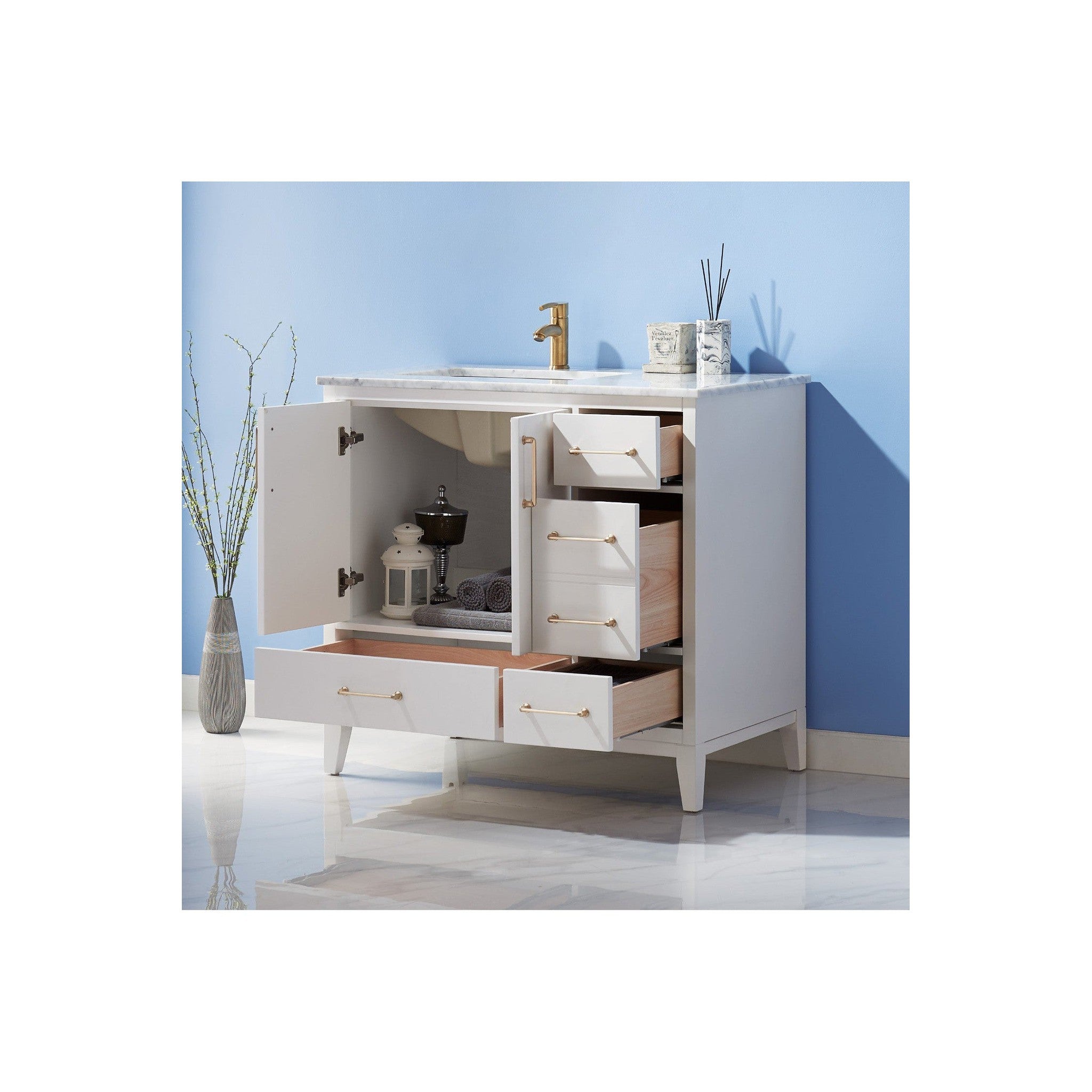 Sutton 36" Single Bathroom Vanity Set in White and Carrara White Marble Countertop without Mirror