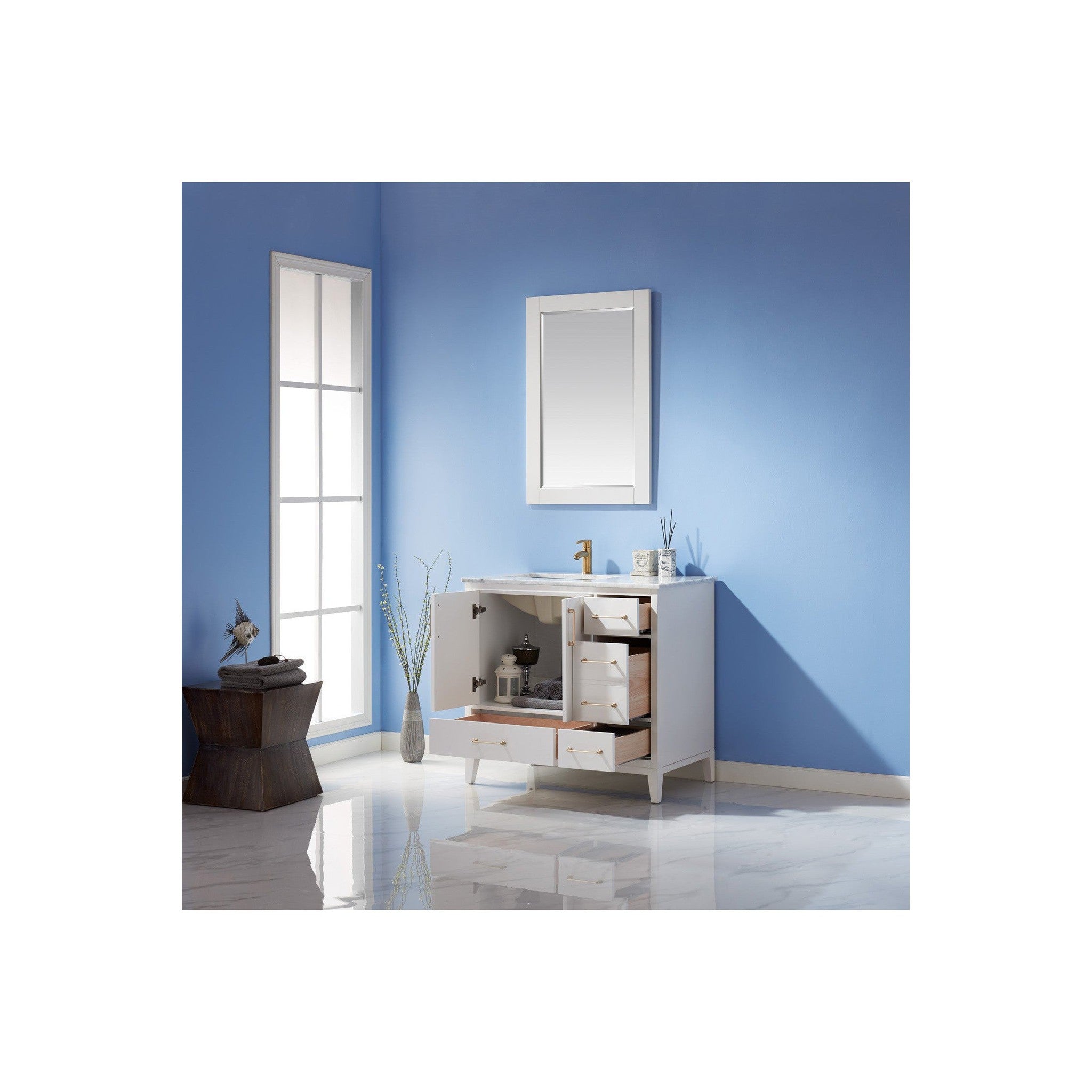 Sutton 36" Single Bathroom Vanity Set in White and Carrara White Marble Countertop with Mirror