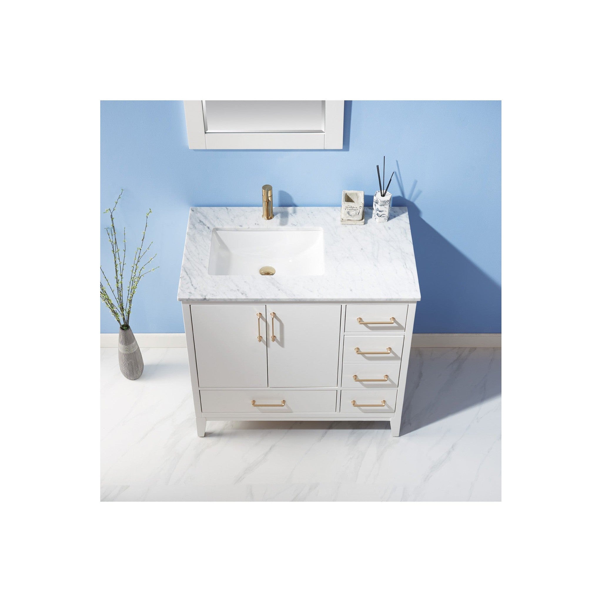 Sutton 36" Single Bathroom Vanity Set in White and Carrara White Marble Countertop with Mirror