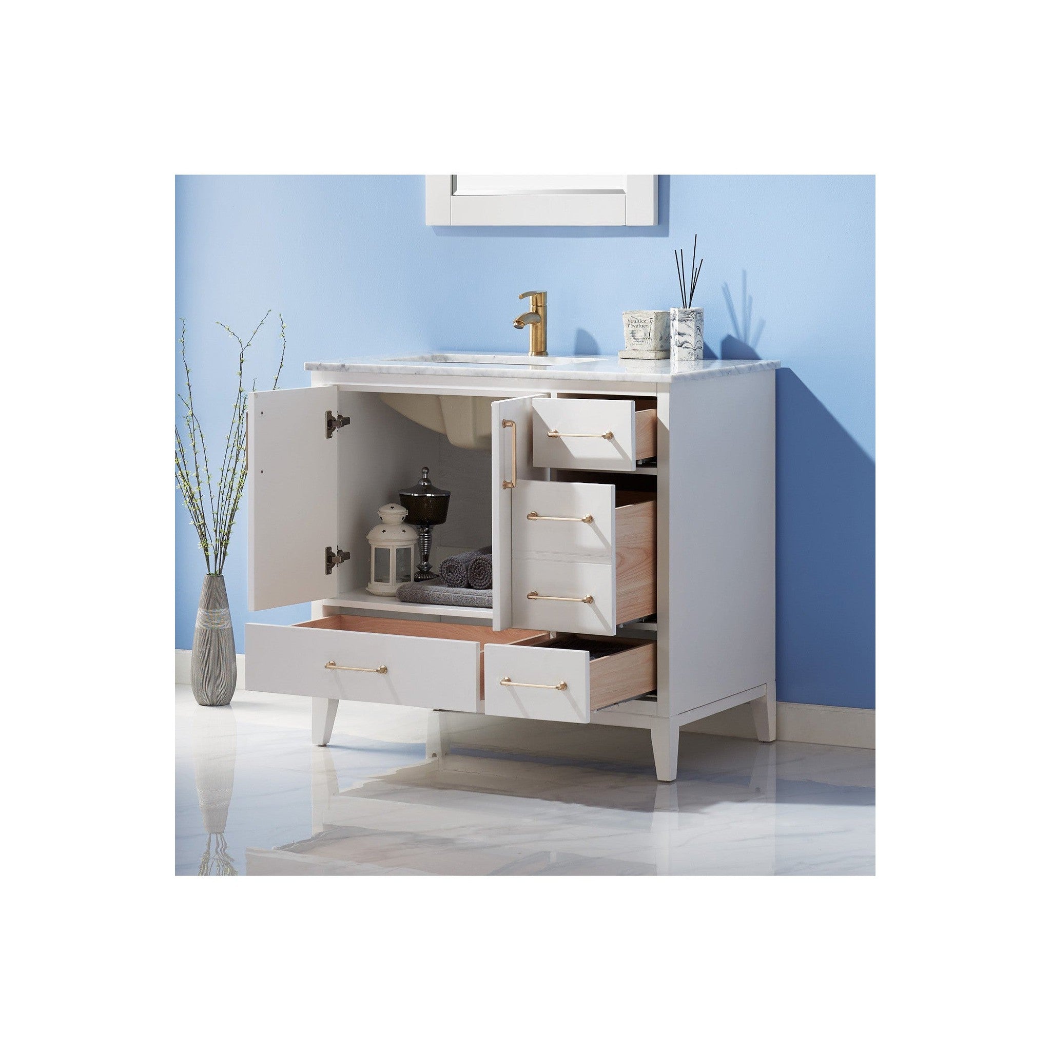 Sutton 36" Single Bathroom Vanity Set in White and Carrara White Marble Countertop with Mirror