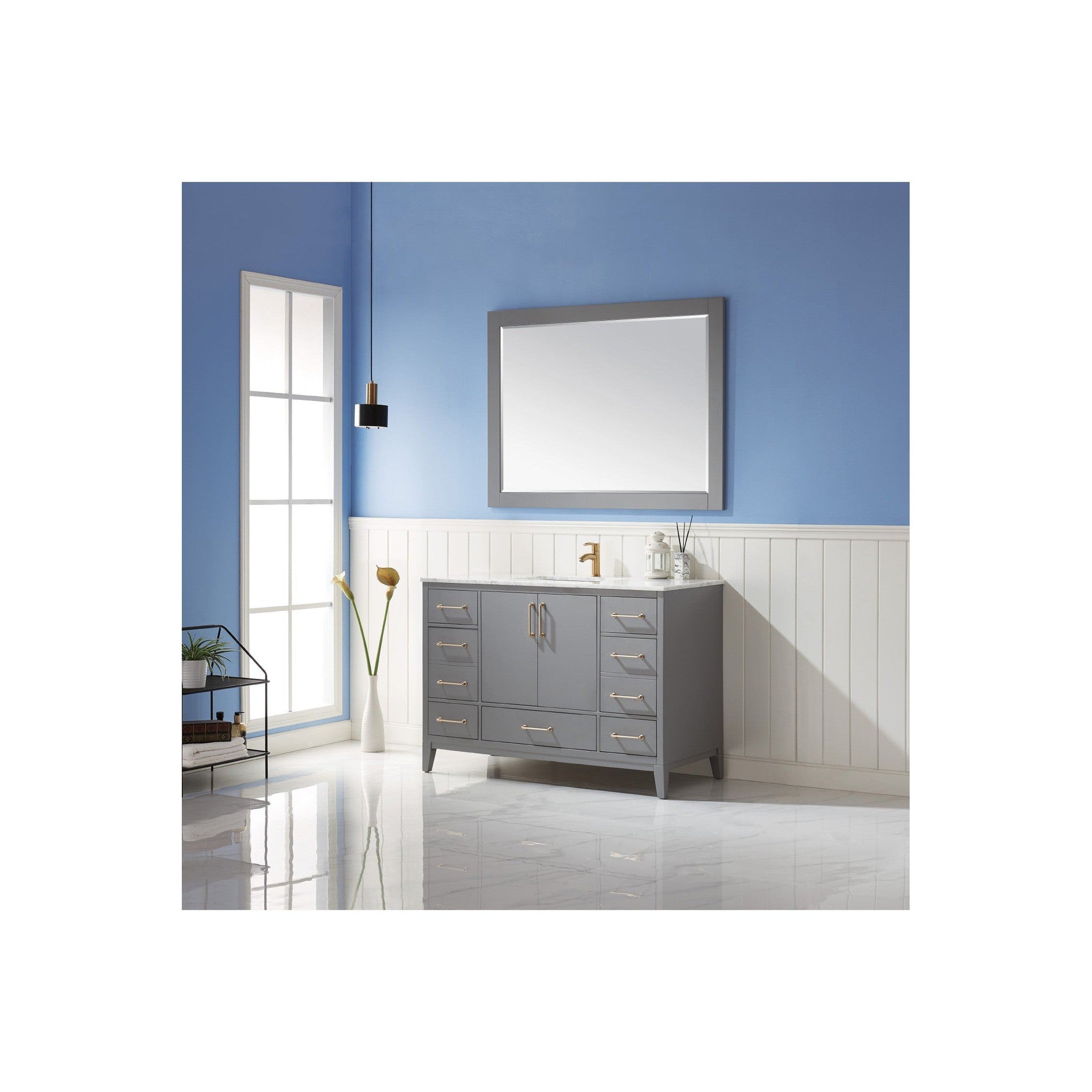 Sutton 48" Single Bathroom Vanity Set in Gray and Carrara White Marble Countertop with Mirror