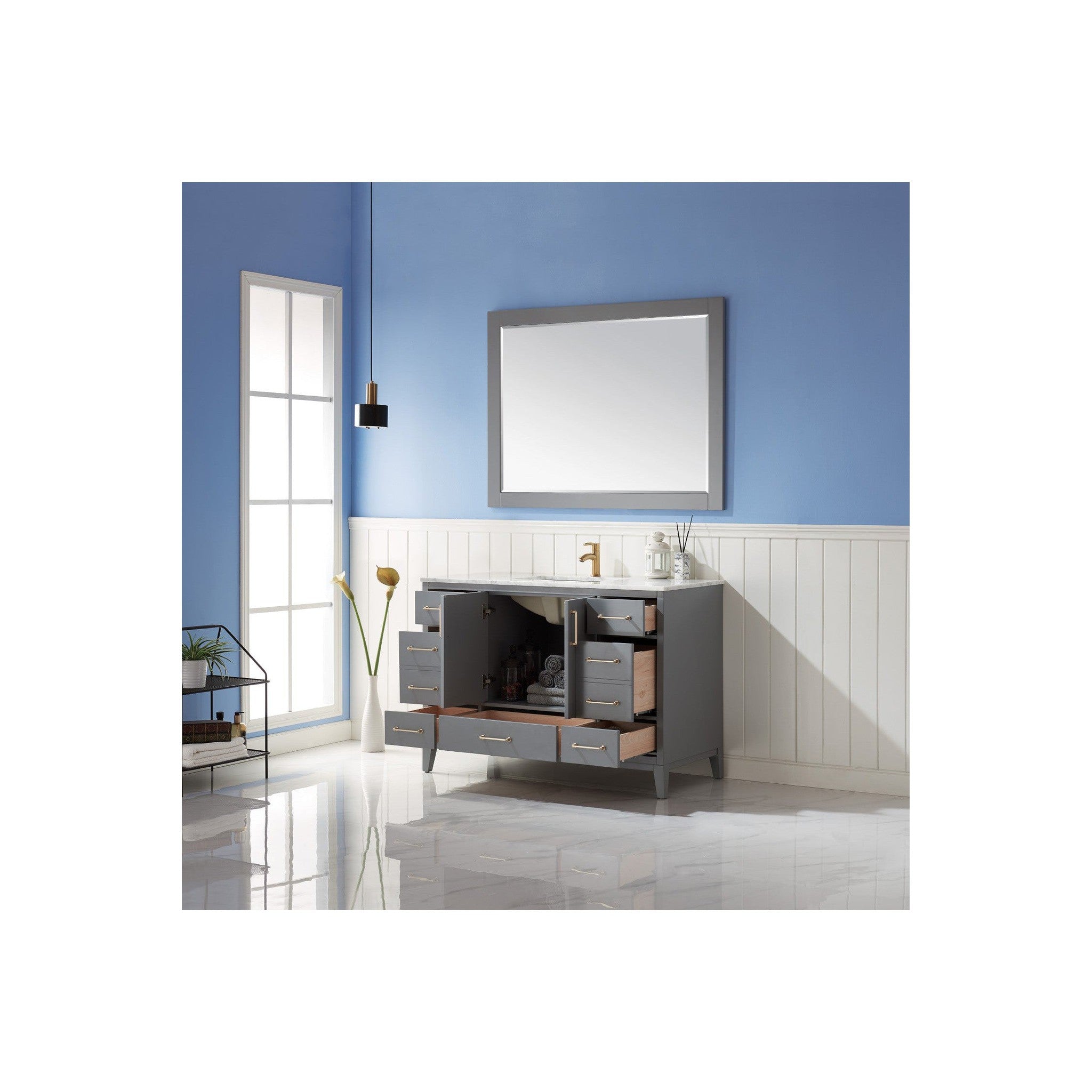 Sutton 48" Single Bathroom Vanity Set in Gray and Carrara White Marble Countertop with Mirror