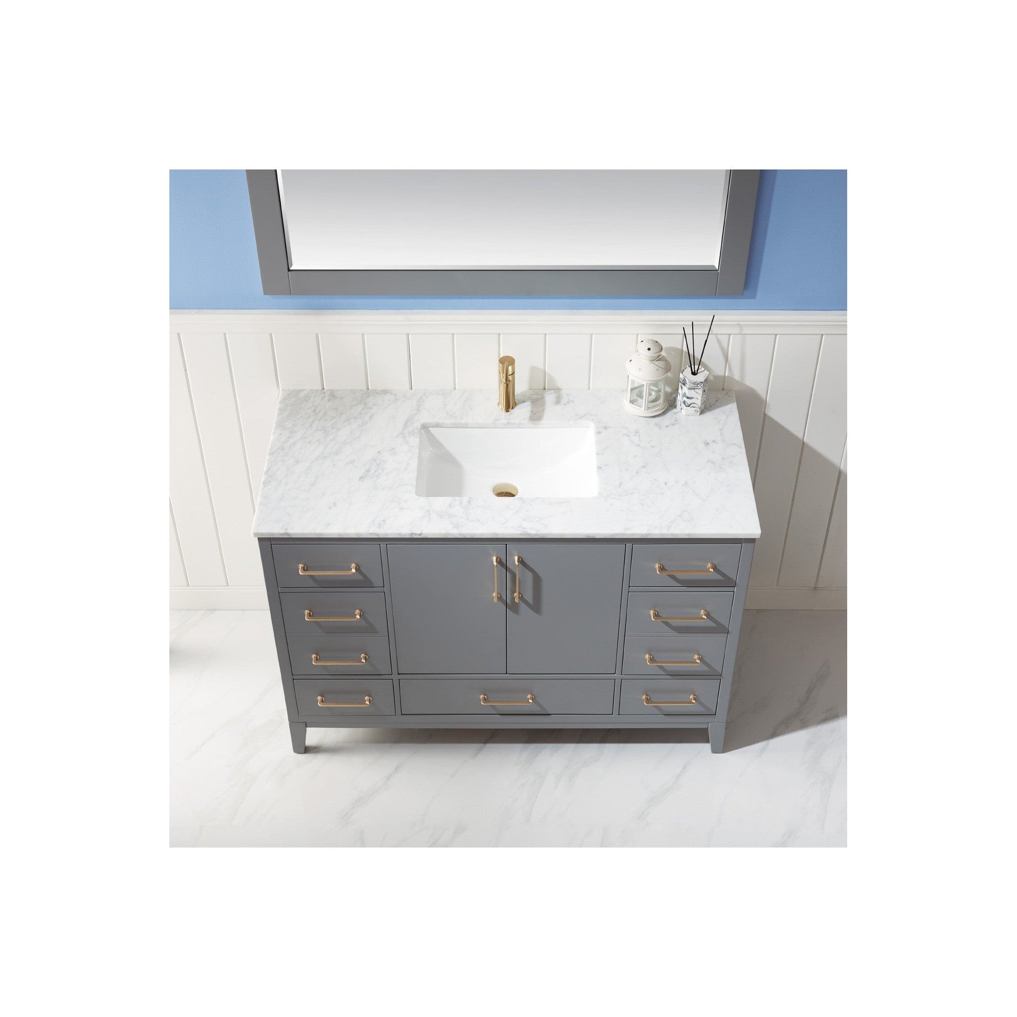 Sutton 48" Single Bathroom Vanity Set in Gray and Carrara White Marble Countertop with Mirror
