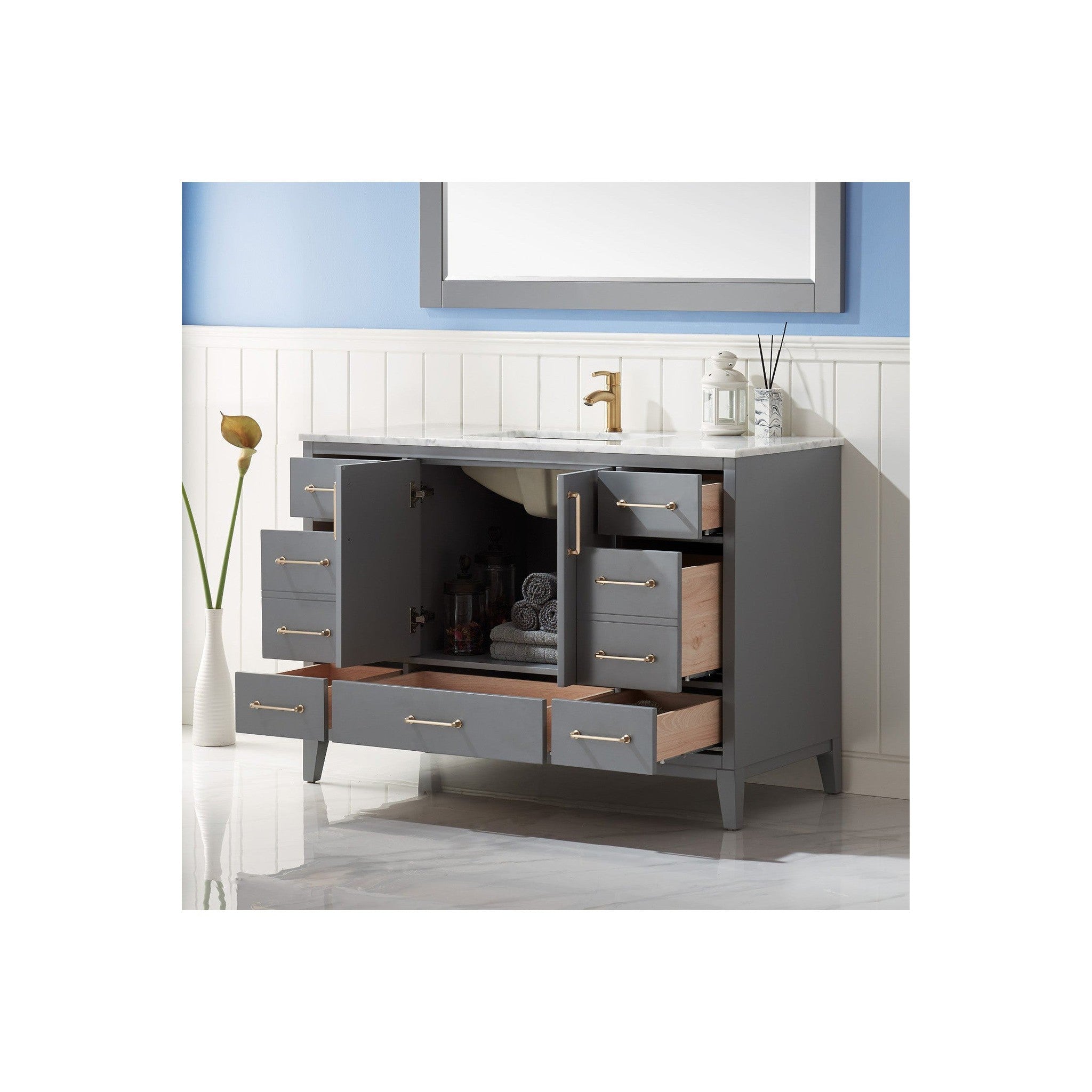 Sutton 48" Single Bathroom Vanity Set in Gray and Carrara White Marble Countertop with Mirror