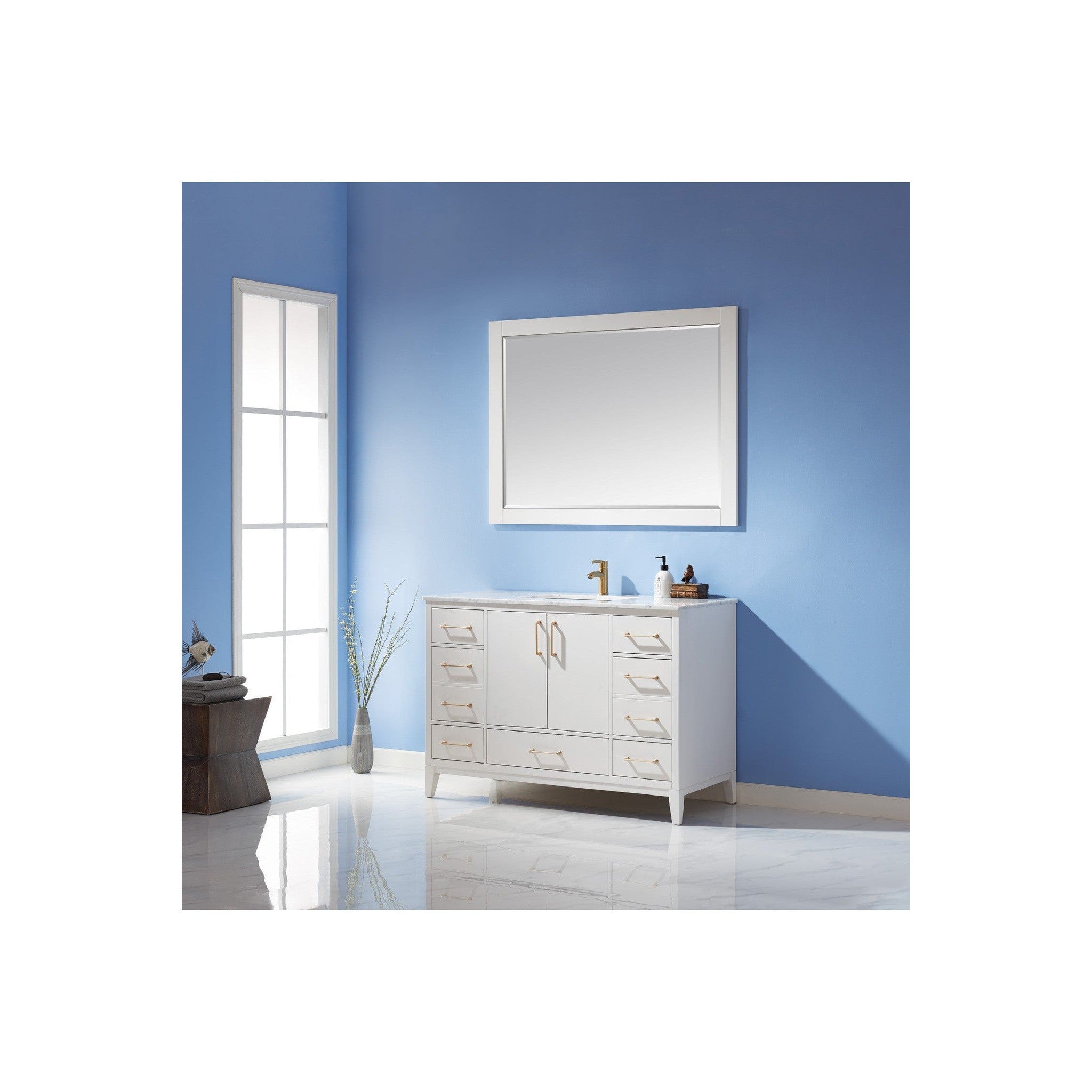 Sutton 48" Single Bathroom Vanity Set in White and Carrara White Marble Countertop with Mirror