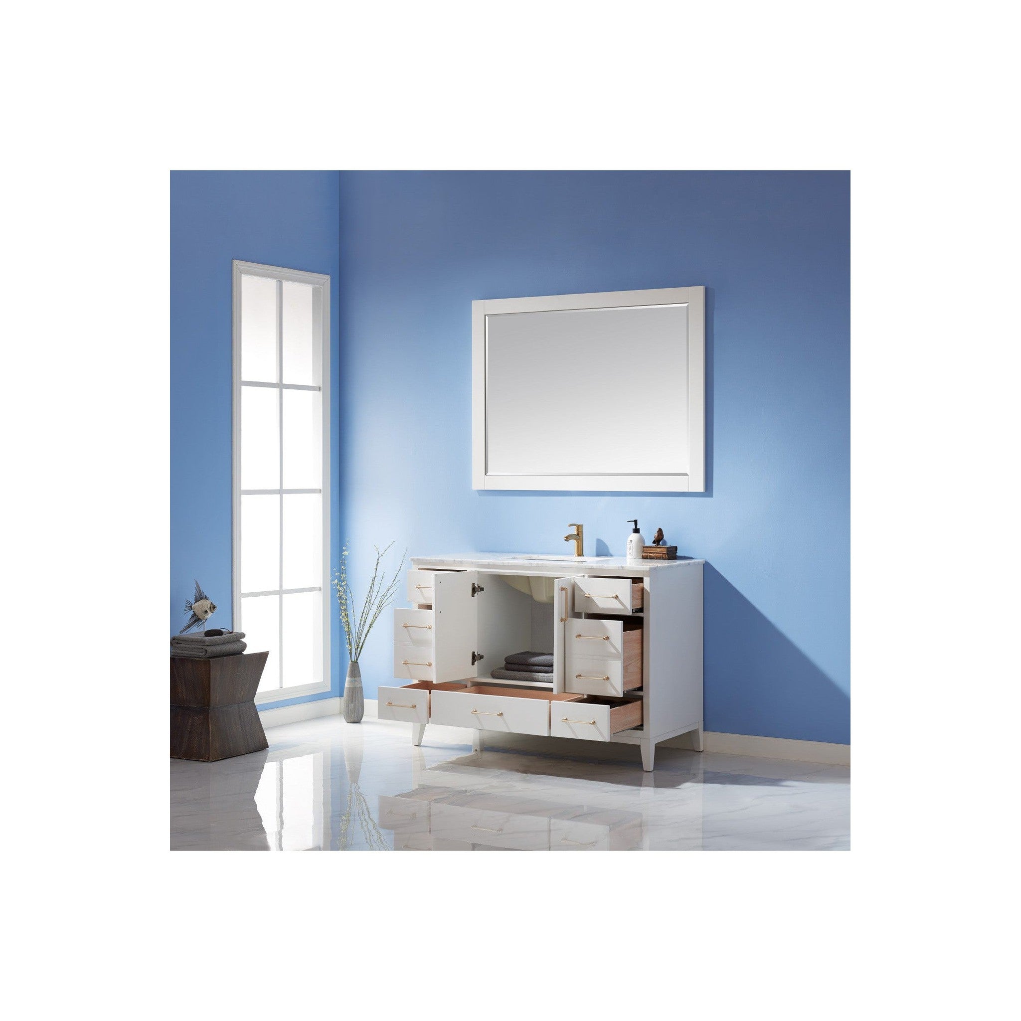 Sutton 48" Single Bathroom Vanity Set in White and Carrara White Marble Countertop with Mirror