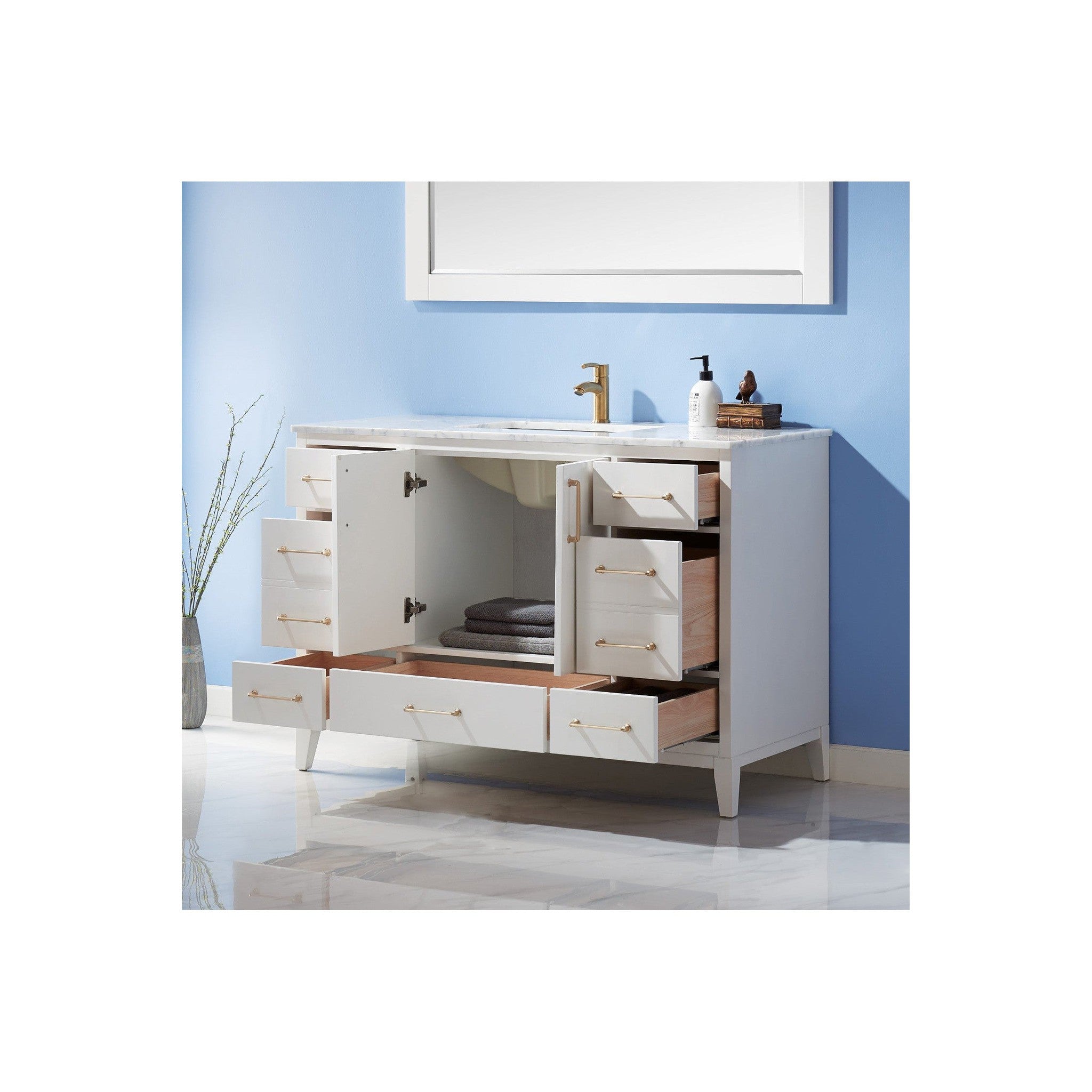 Sutton 48" Single Bathroom Vanity Set in White and Carrara White Marble Countertop with Mirror