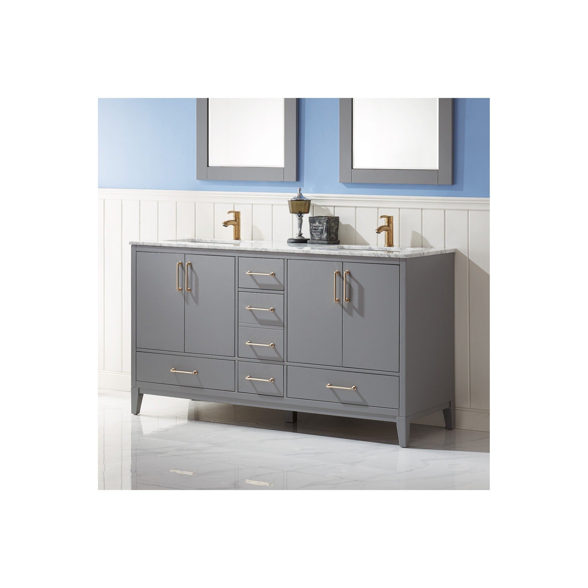 Sutton 60" Double Bathroom Vanity Set in Gray and Carrara White Marble Countertop with Mirror