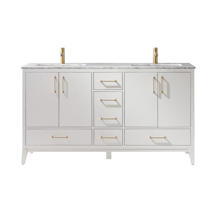 Sutton 60" Double Bathroom Vanity Set in White and Carrara White Marble Countertop without Mirror