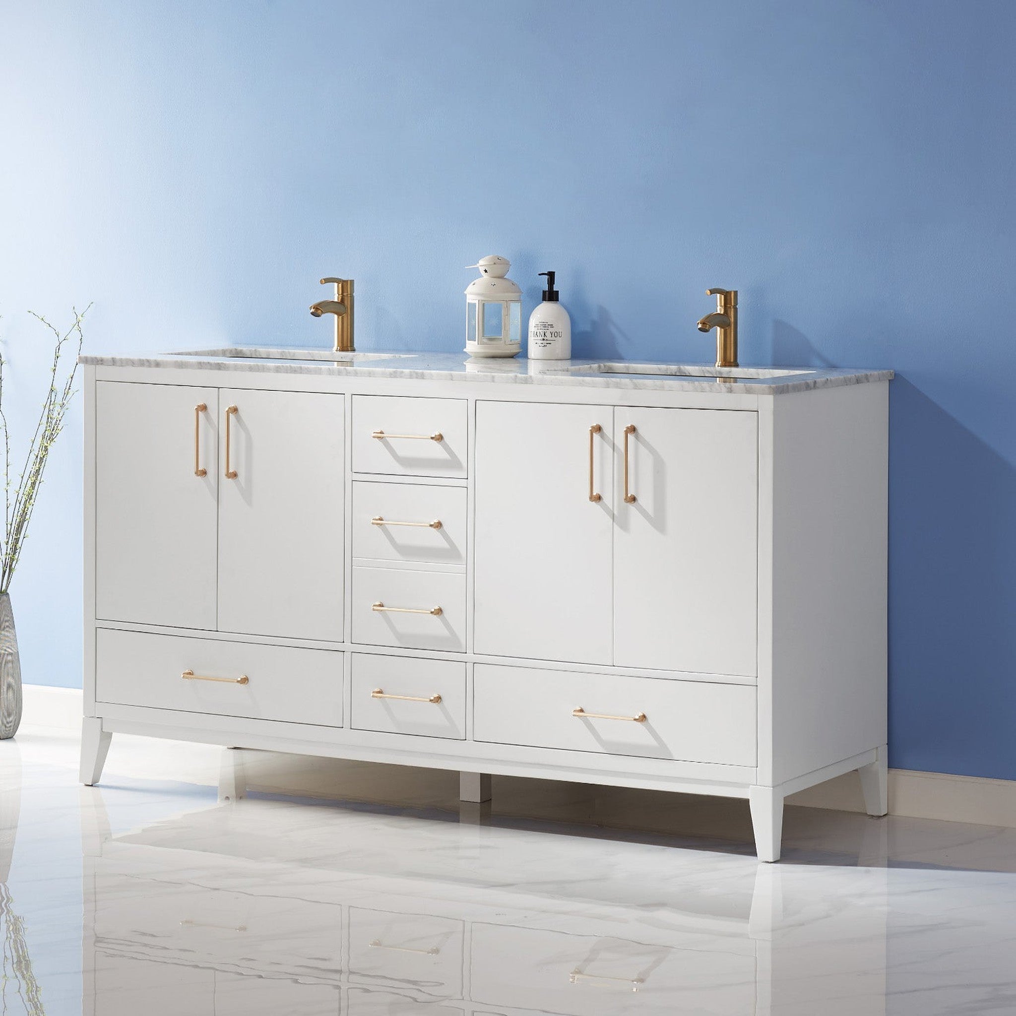 Sutton 60" Double Bathroom Vanity Set in White and Carrara White Marble Countertop without Mirror
