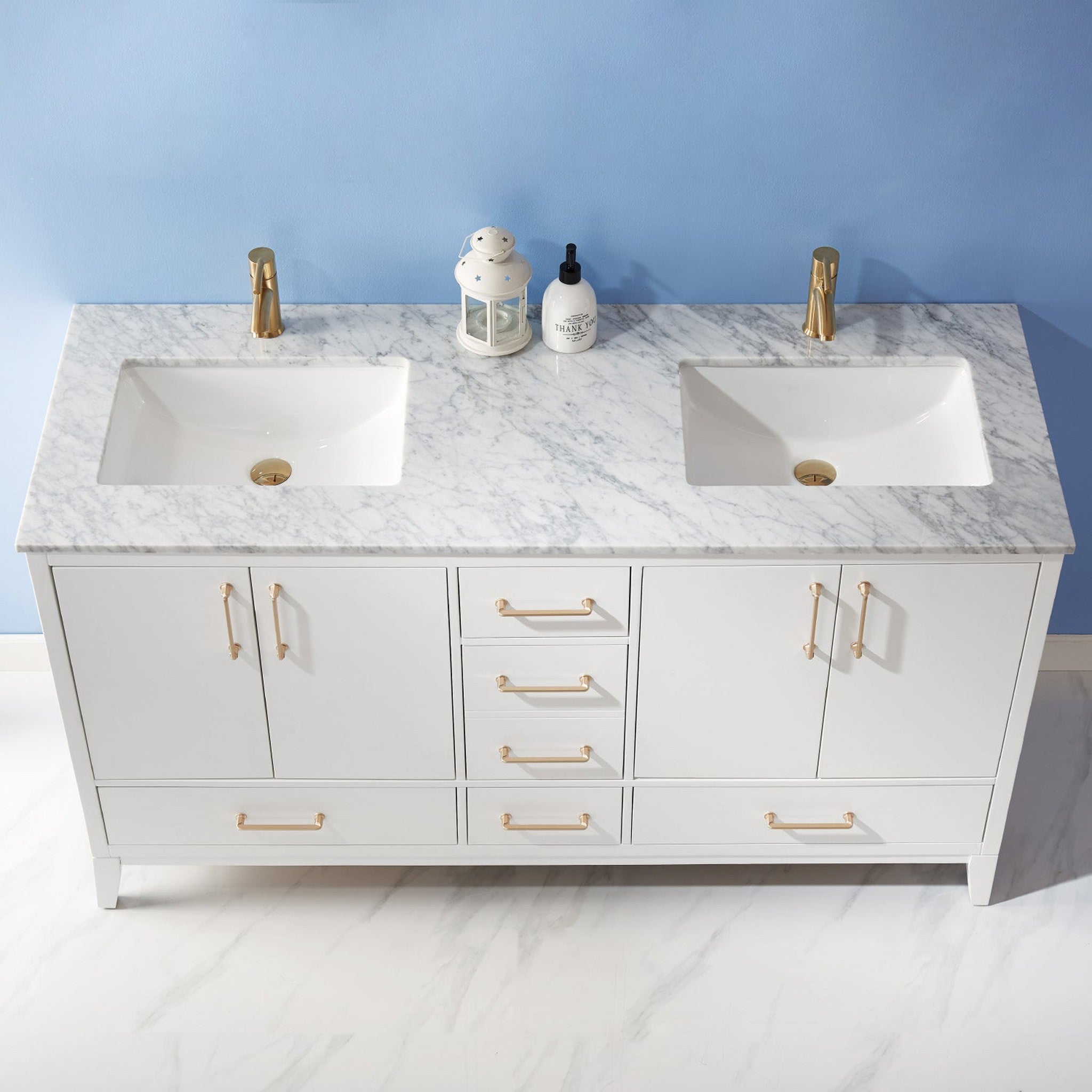 Sutton 60" Double Bathroom Vanity Set in White and Carrara White Marble Countertop without Mirror