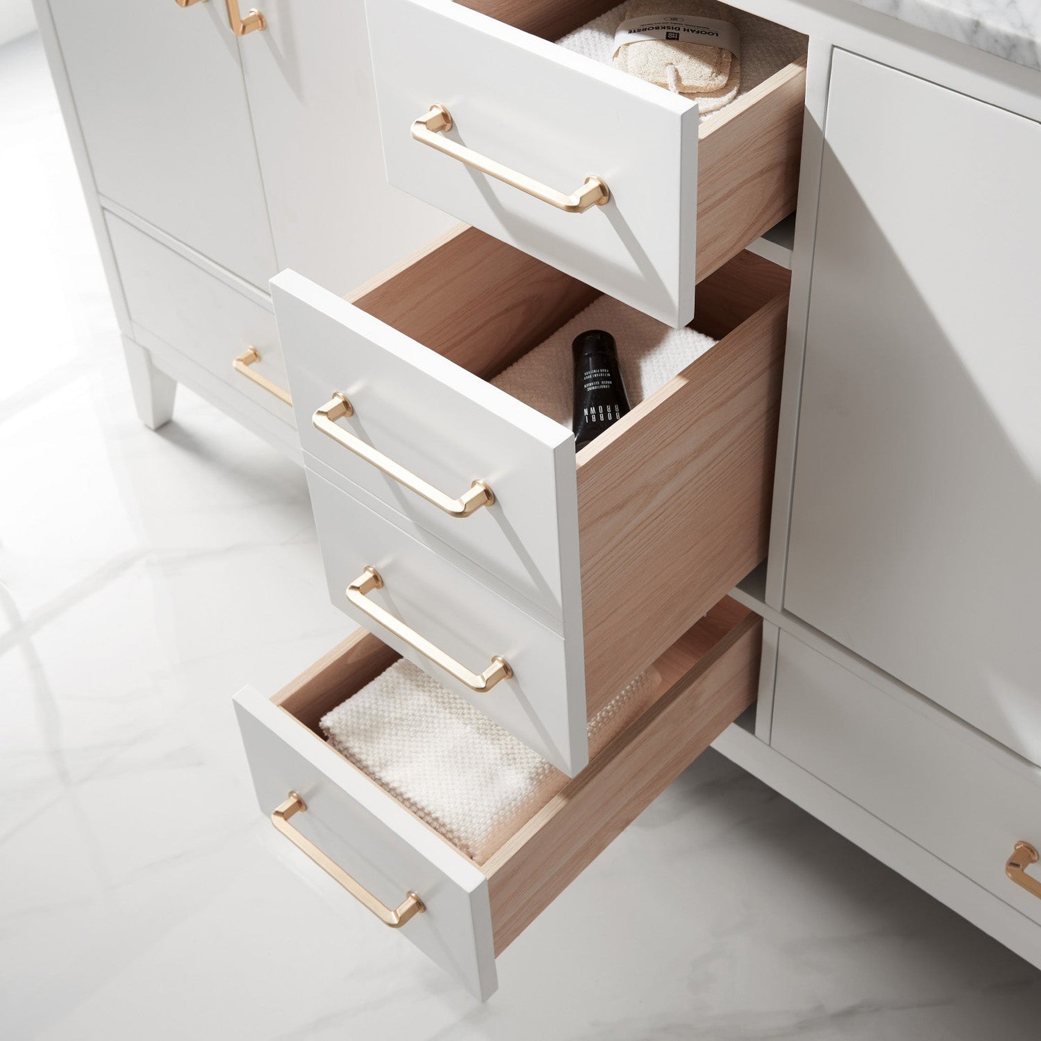 Sutton 60" Double Bathroom Vanity Set in White and Carrara White Marble Countertop without Mirror