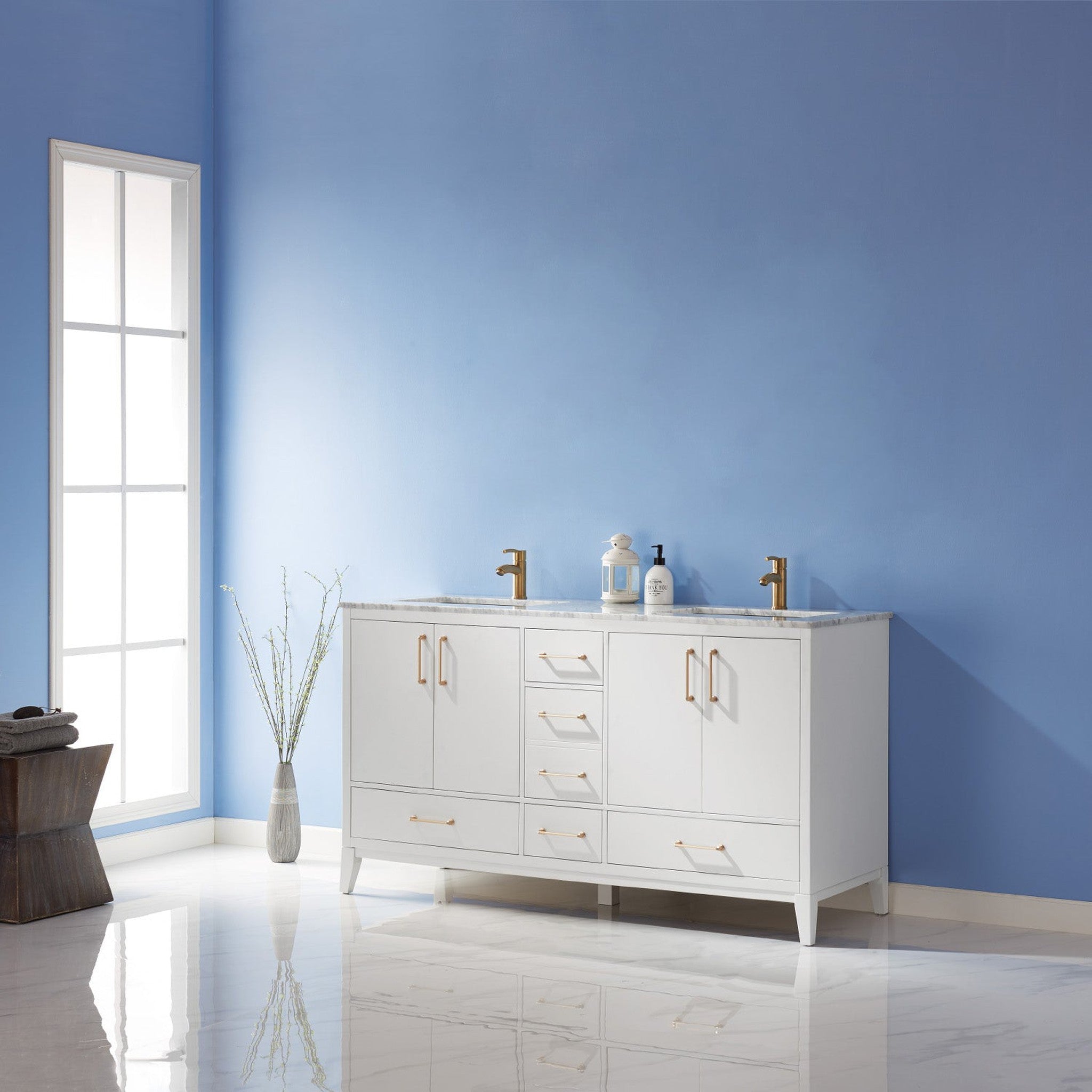 Sutton 60" Double Bathroom Vanity Set in White and Carrara White Marble Countertop without Mirror