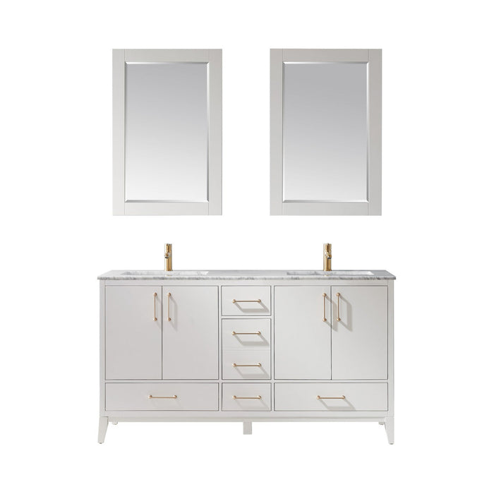 Sutton 60" Double Bathroom Vanity Set in White and Carrara White Marble Countertop with Mirror